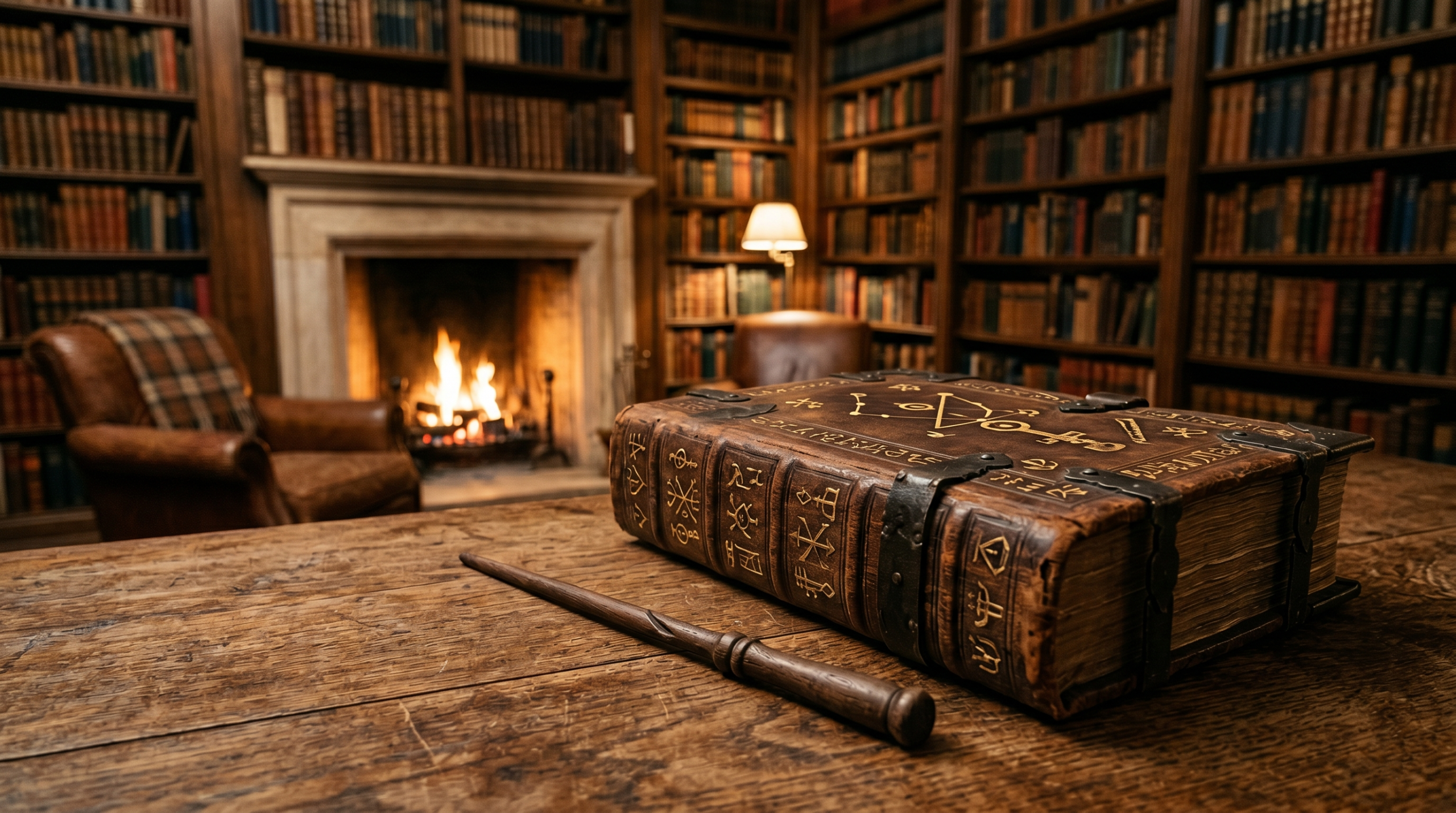 Close up of a magical wand and a massive fantasy book in an adult library symbolizing books similar to Harry Potter for adults.