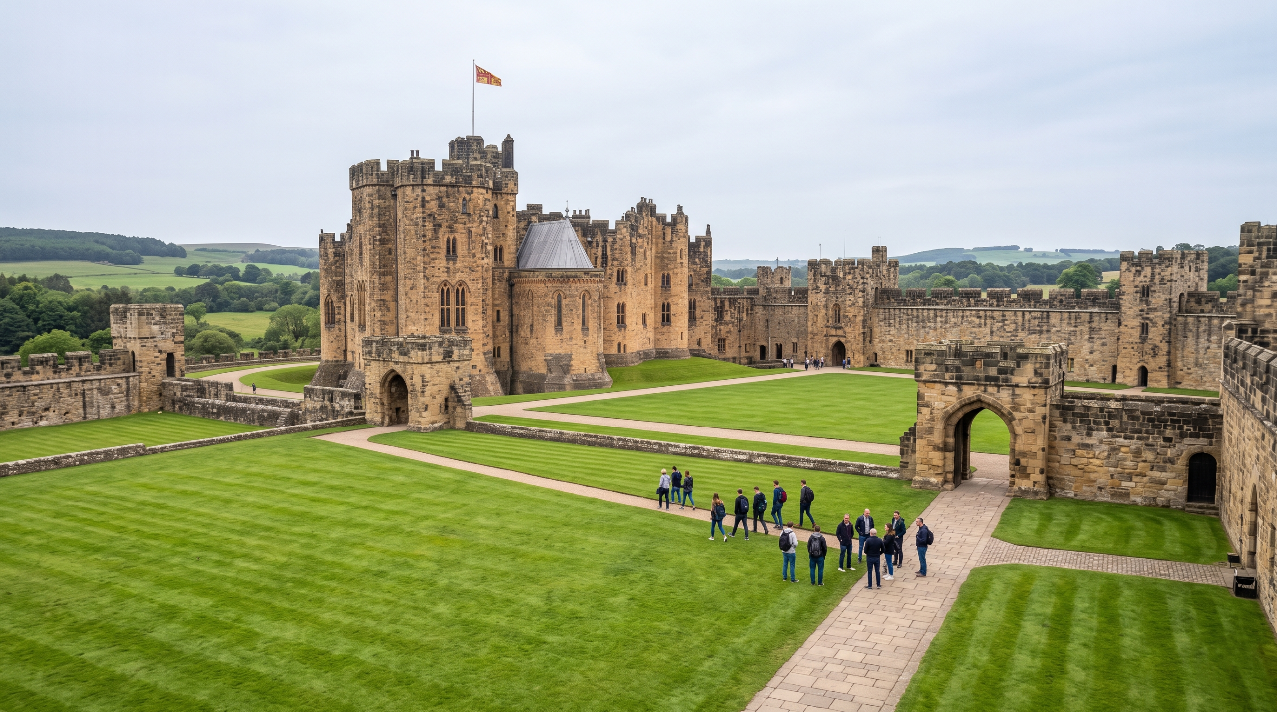 Alnwick Castle Outer Bailey courtyard green lawn and massive stone walls under daylight, a key Harry Potter filming location.