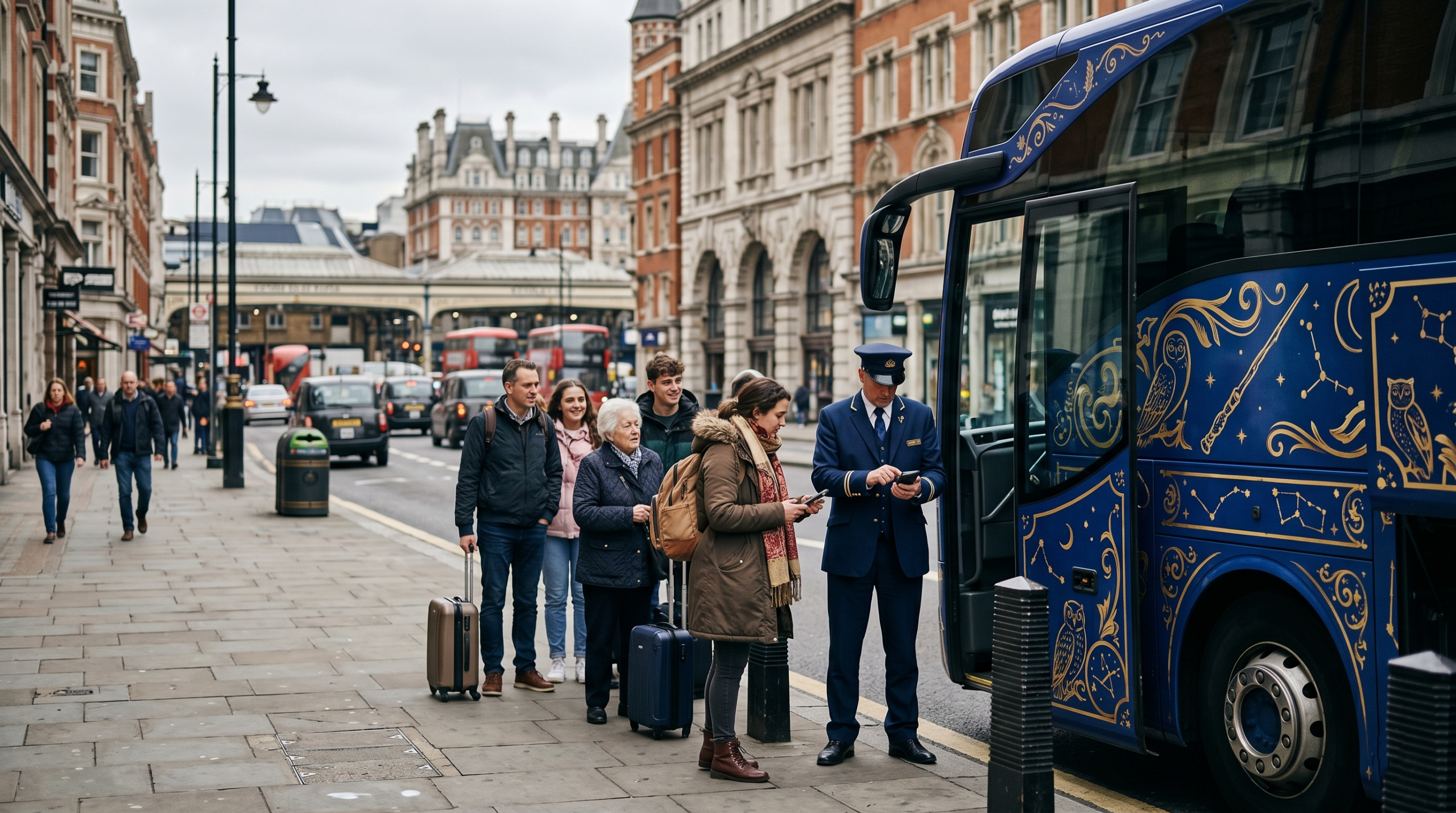 Golden Tours departure point in London with iconic Victoria Coach Station in the background.