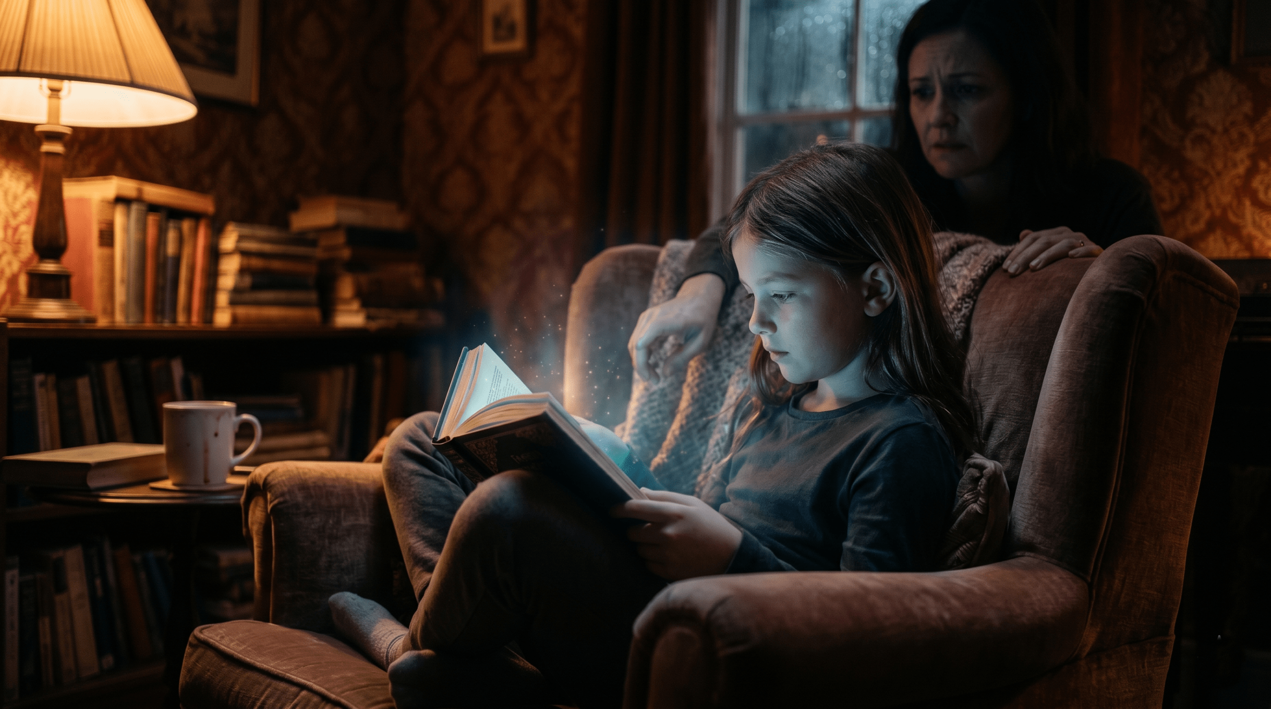 A conceptual image showing a child reading a glowing fantasy book while being observed by a concerned figure in the background.