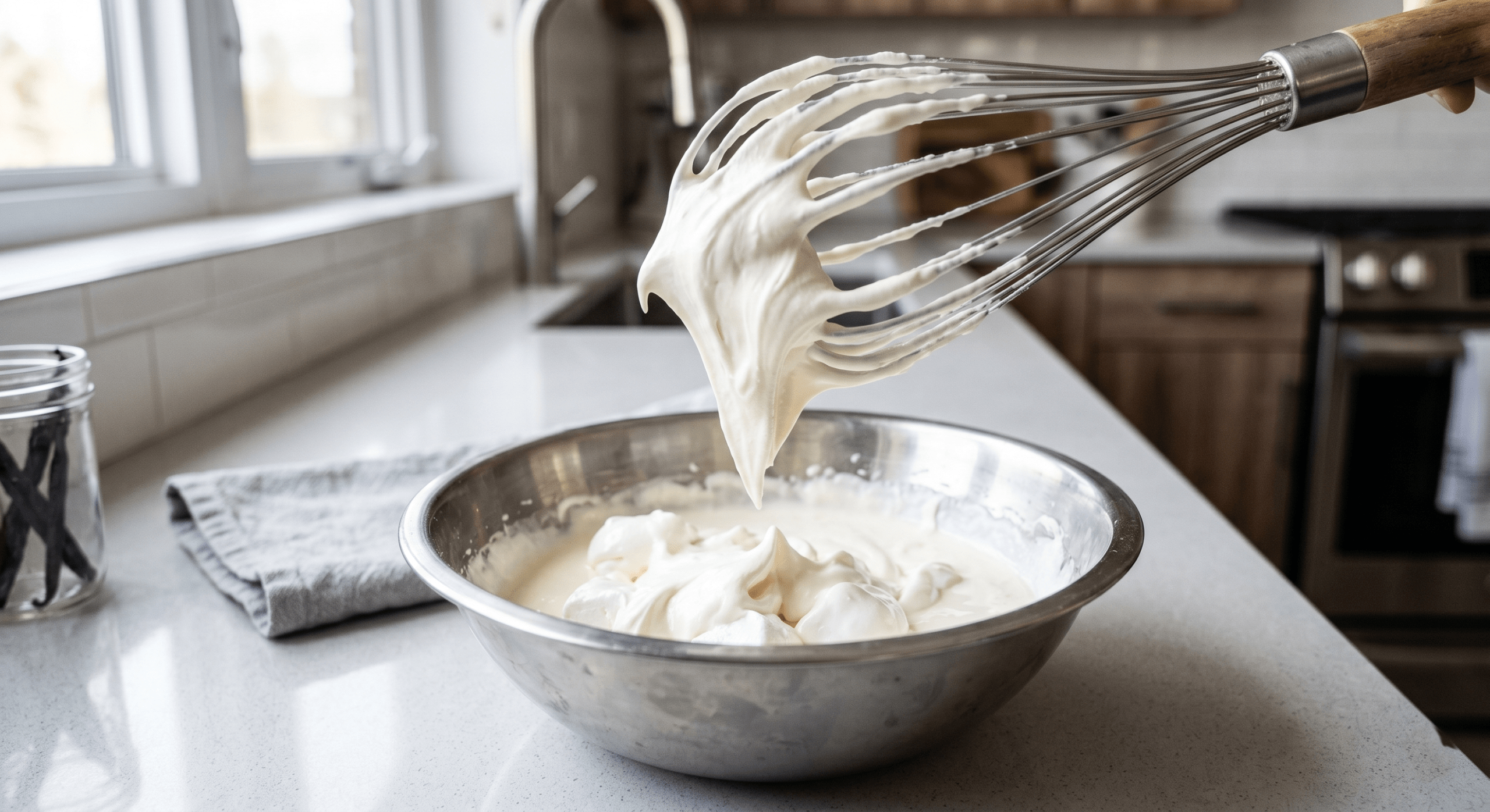 A visual representation of mixing marshmallow fluff into heavy cream to create a stabilized foam.