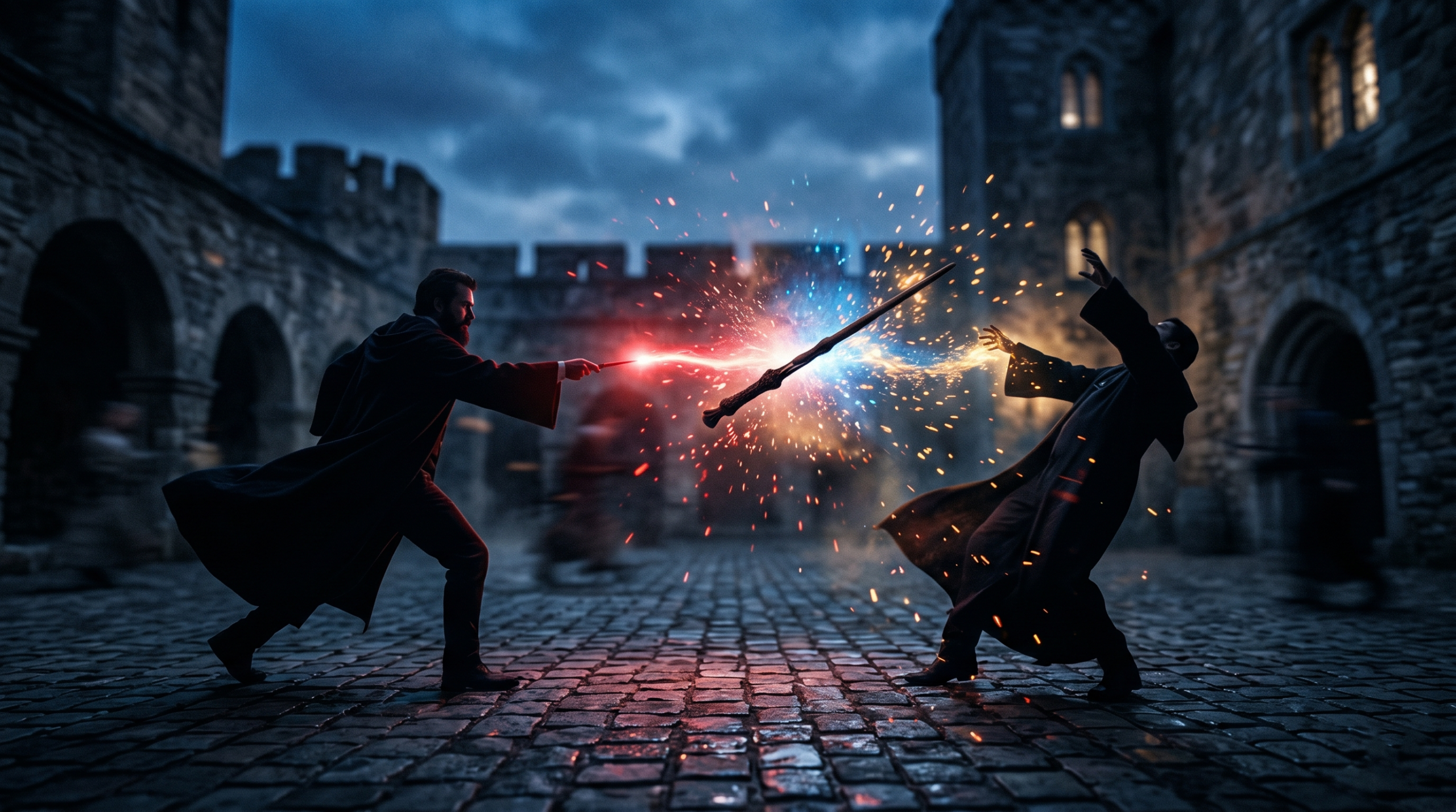 An intense magical duel at dusk visualizing the struggle for wand allegiance and the winning of a new master.