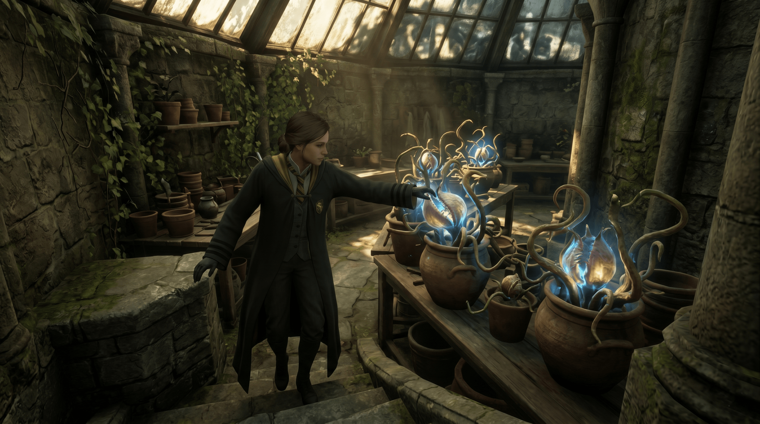 A Hogwarts student character descending stone stairs inside the Hogwarts greenhouse to harvest free Venomous Tentacula plants from large pots.