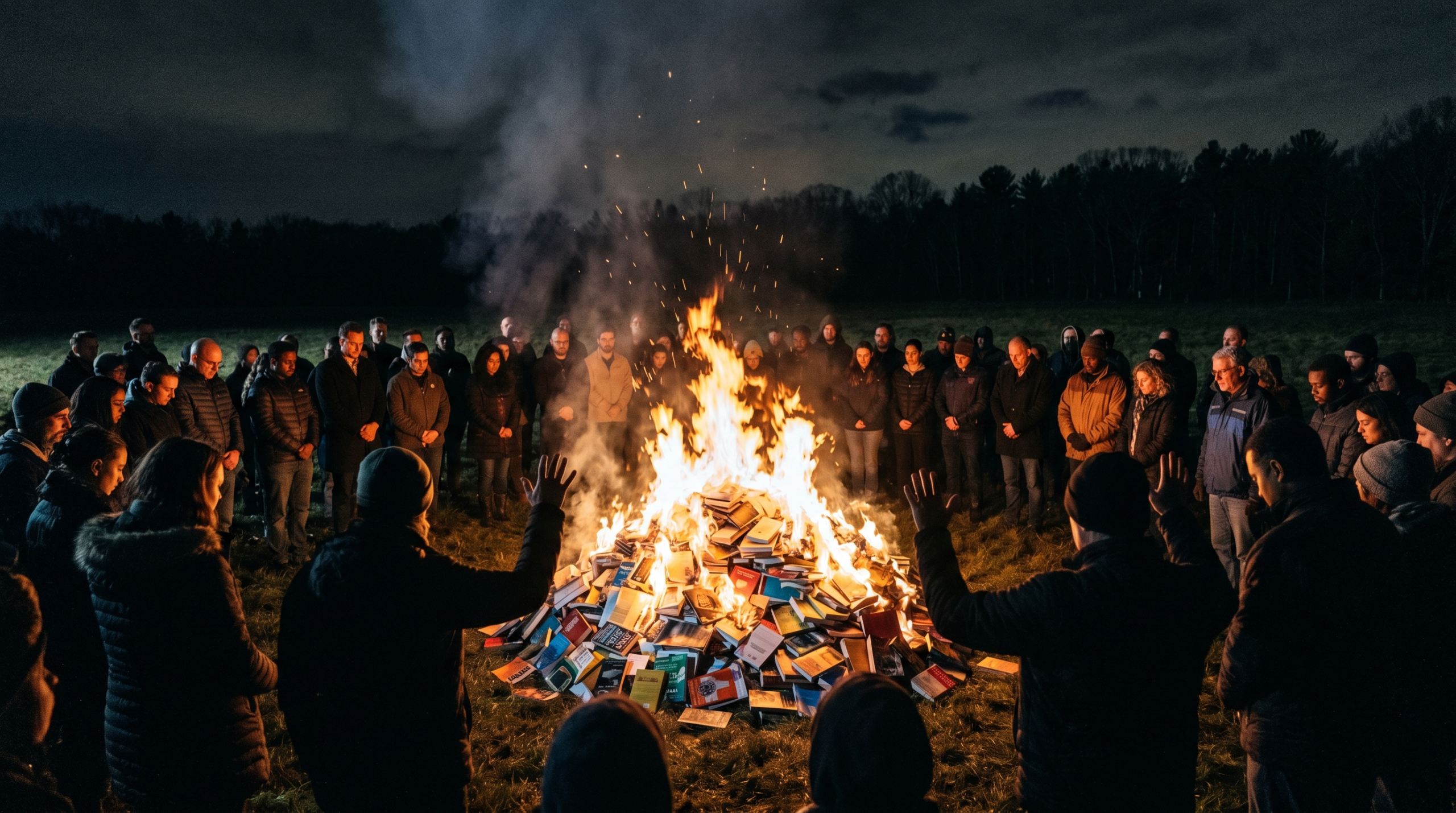 A photograph capturing a dramatic, historical-feeling night scene of a book-burning protest event.