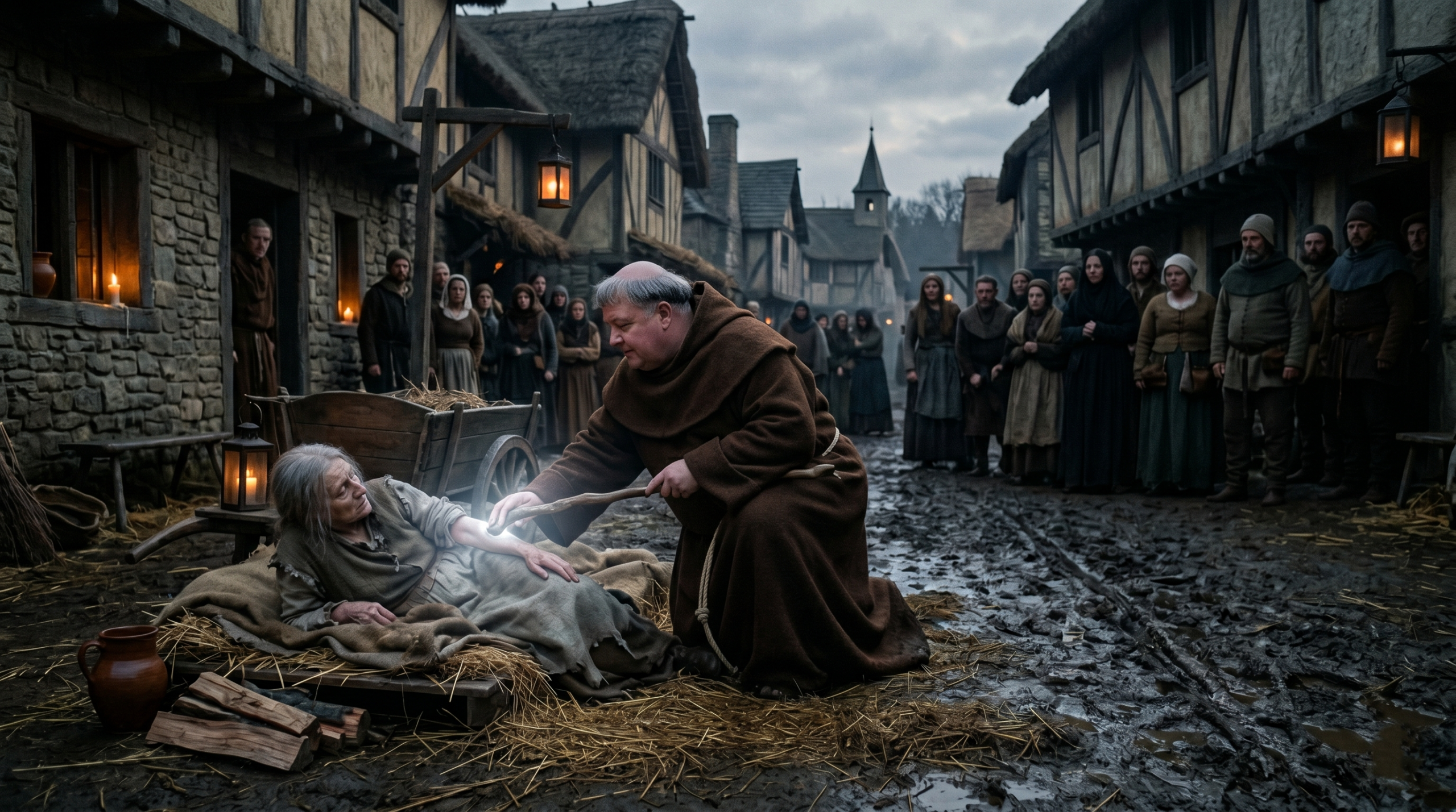 The mortal Fat Friar performing a magical healing "miracle" on a sick peasant in a medieval village.
