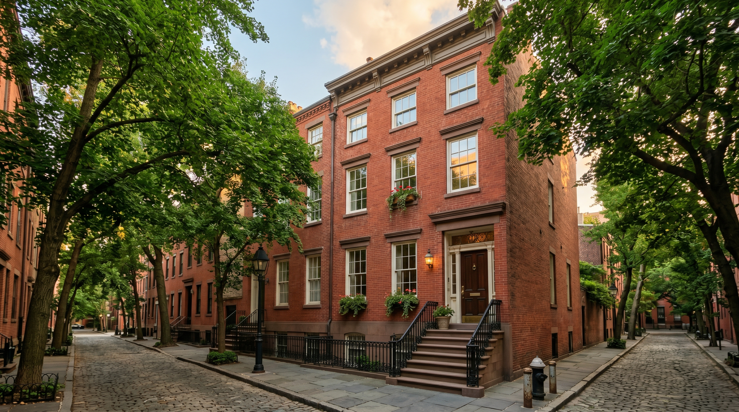 Exterior view of a historic red brick West Village townhouse on a cobblestone street, similar to Daniel Radcliffe's house in New York City.