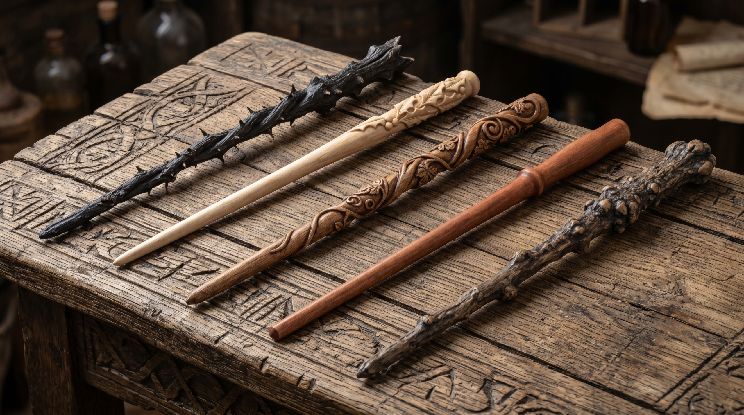 A collection of five unique wand designs made from different magical woods like Elder, Vine, and Holly.