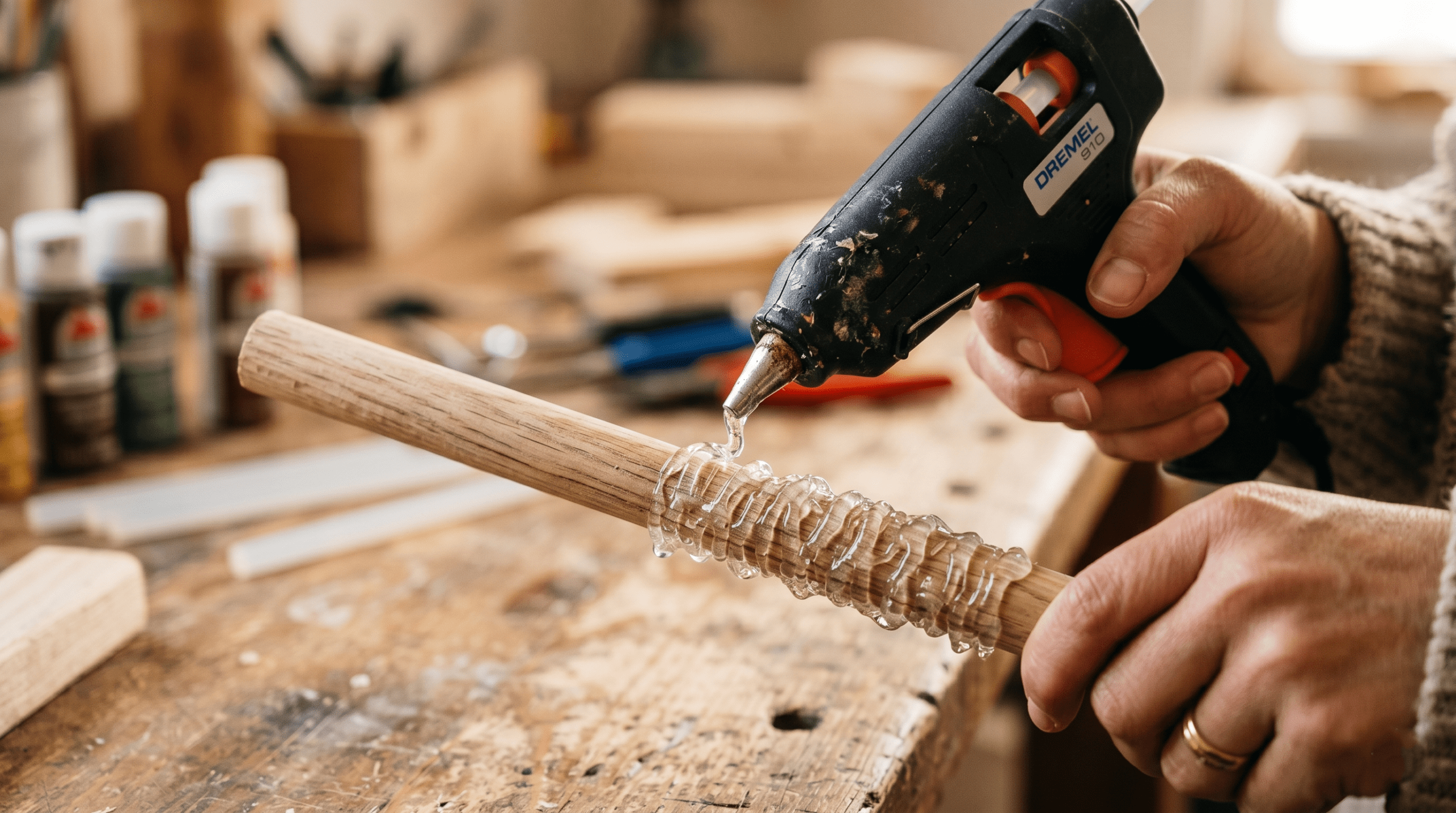 Close-up of hands using a high-temp hot glue gun to sculpt the handle of a homemade wooden wand.
