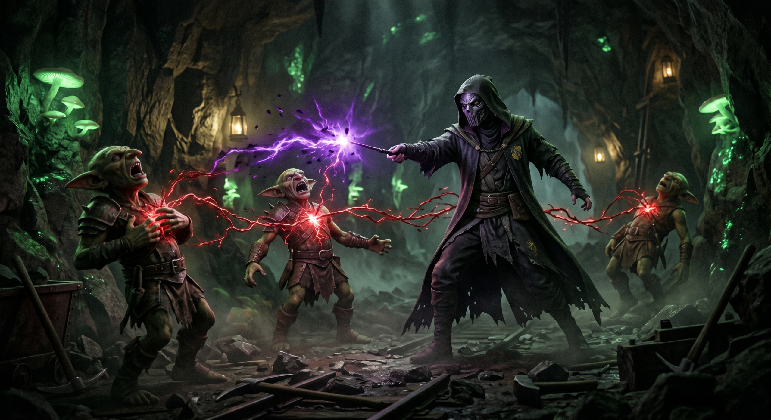 A dark wizard in Hogwarts Legacy using Blood Curse talent to link three goblin enemies together with crackling red magical energy.