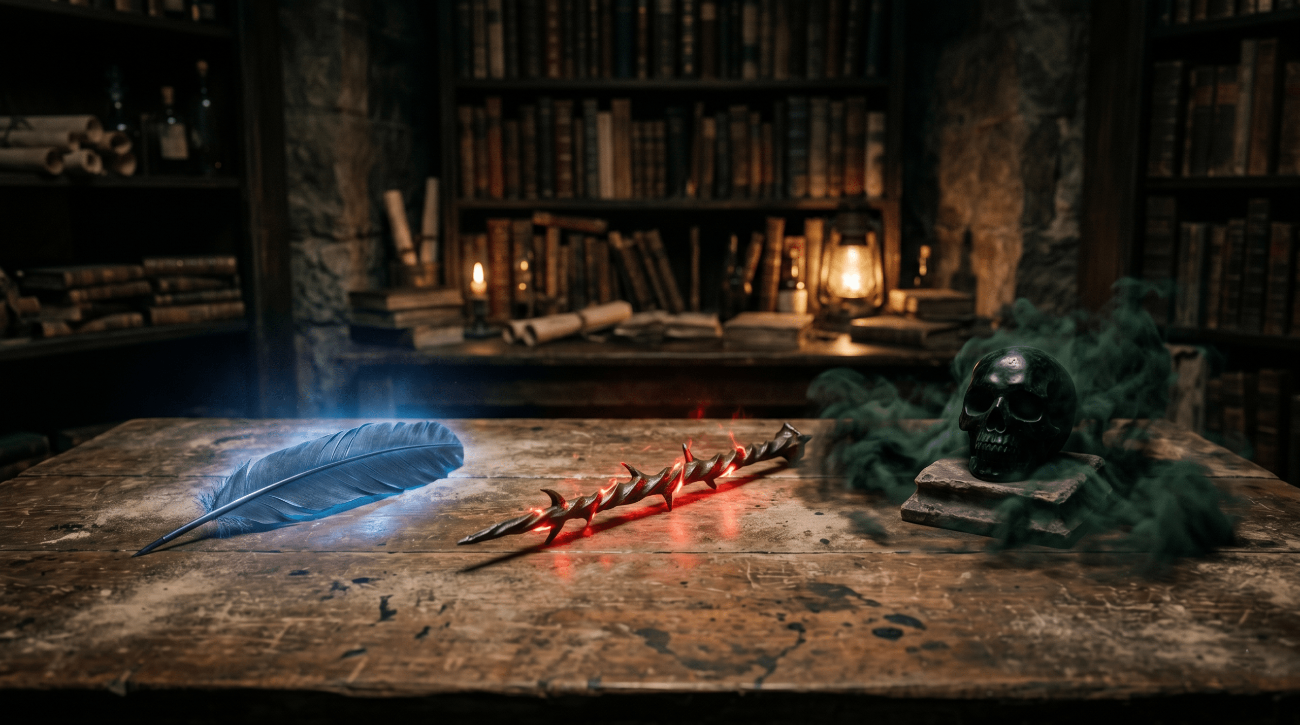 Visual classification of jinxes, hexes, and curses in Harry Potter represented by glowing magical artifacts on a desk.