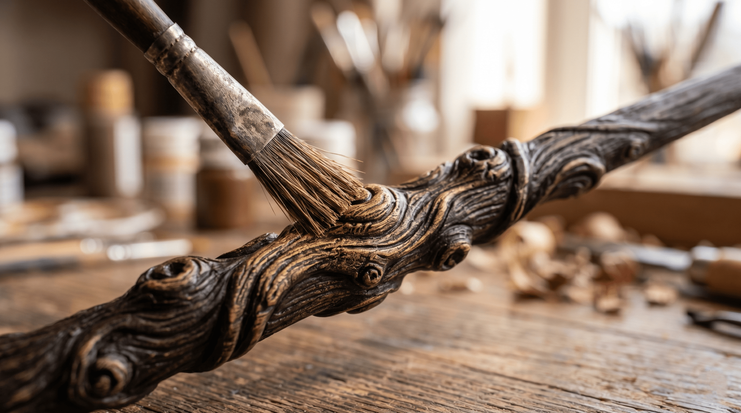 Dry brushing technique using lighter brown paint to highlight the realistic textures on a dark brown DIY cosplay wand.