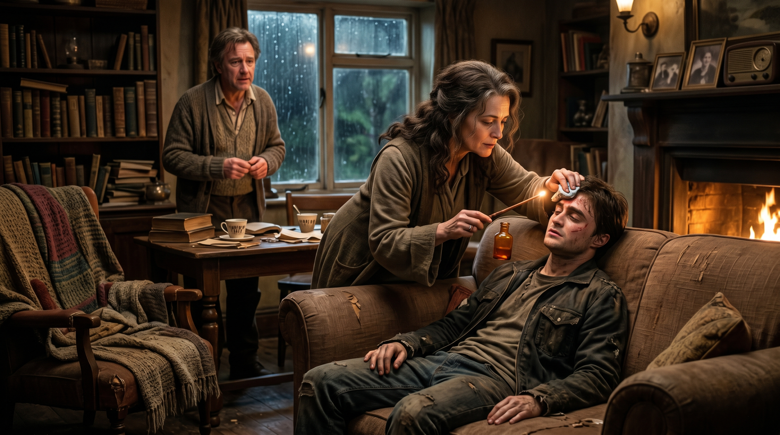 Andromeda Tonks healing Harry Potter in her safe house after the aerial Battle of the Seven Potters.