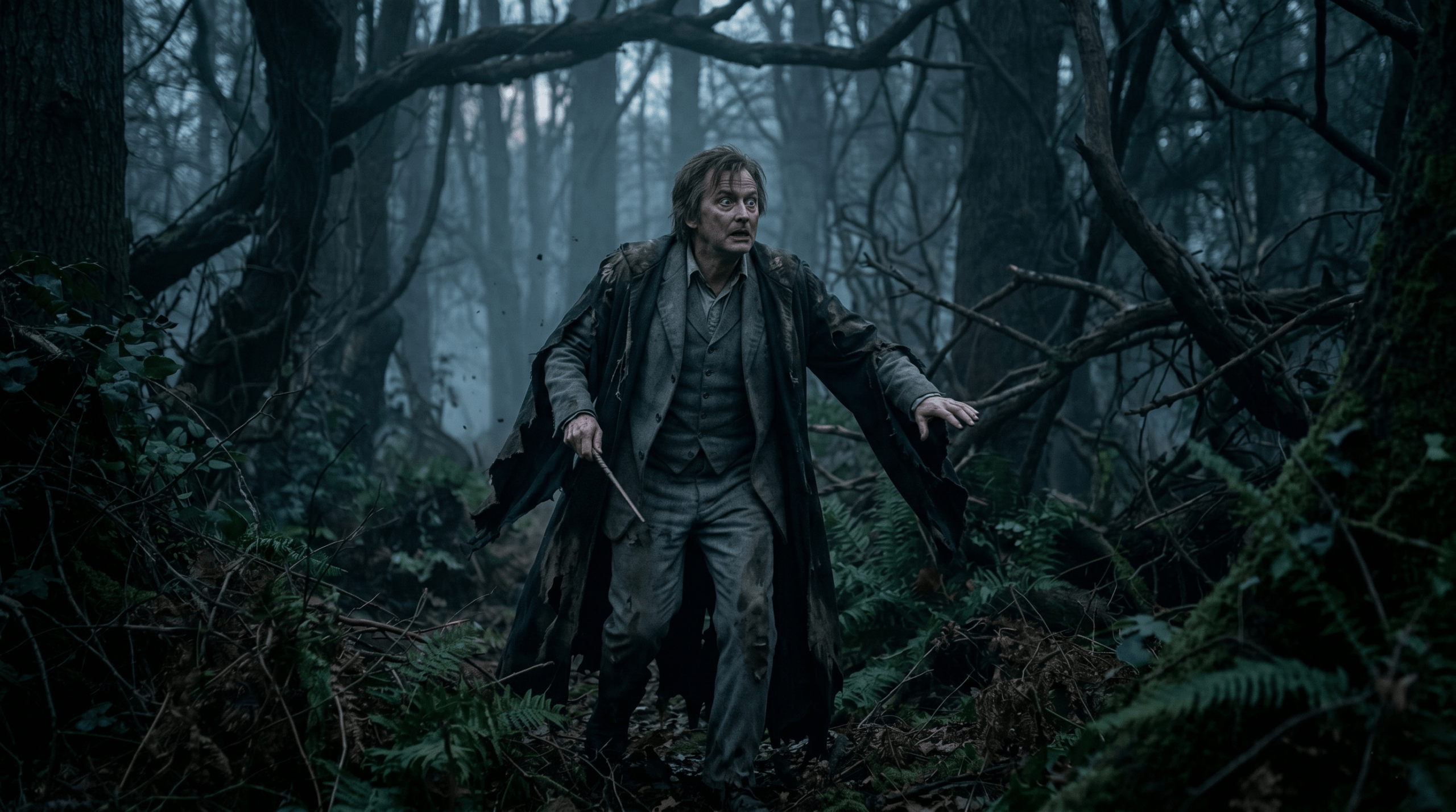 A frantic and disheveled Barty Crouch Sr rambling deliriously within the dark Forbidden Forest before his death.
