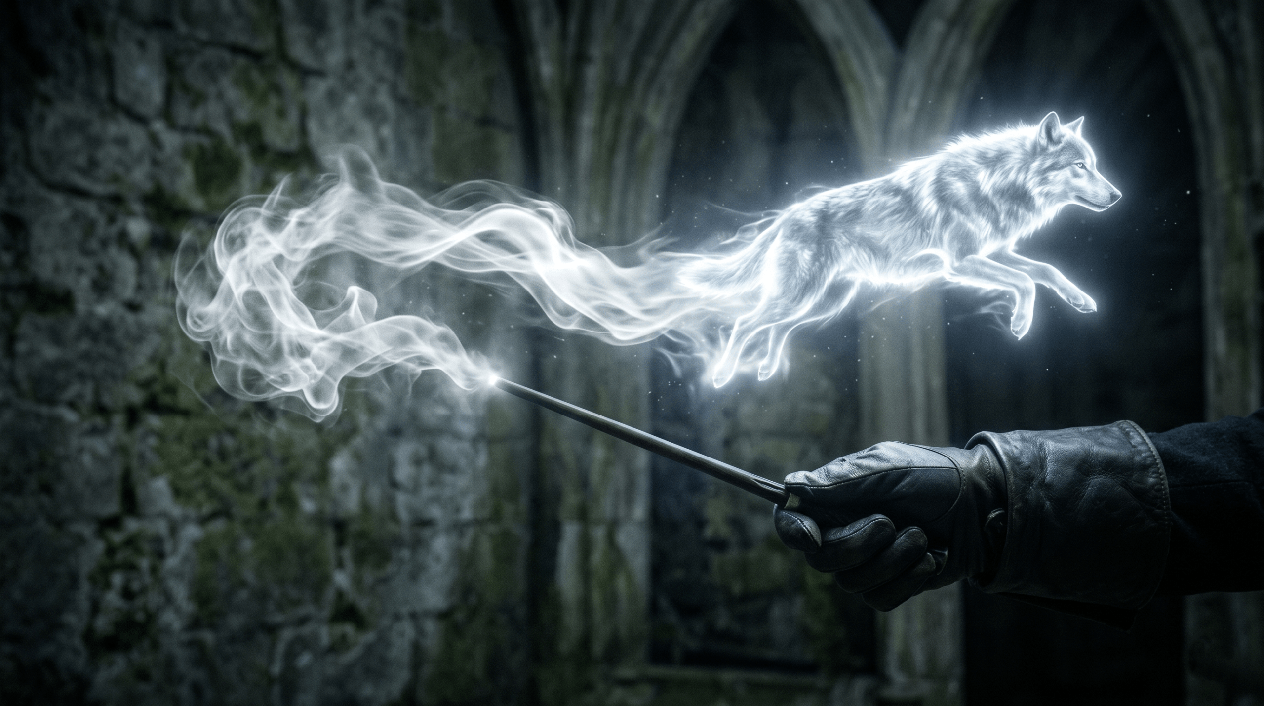 Cinematic illustration of a Patronus charm casting, showing the transformation from silvery vapor to a glowing corporeal wolf guardian.