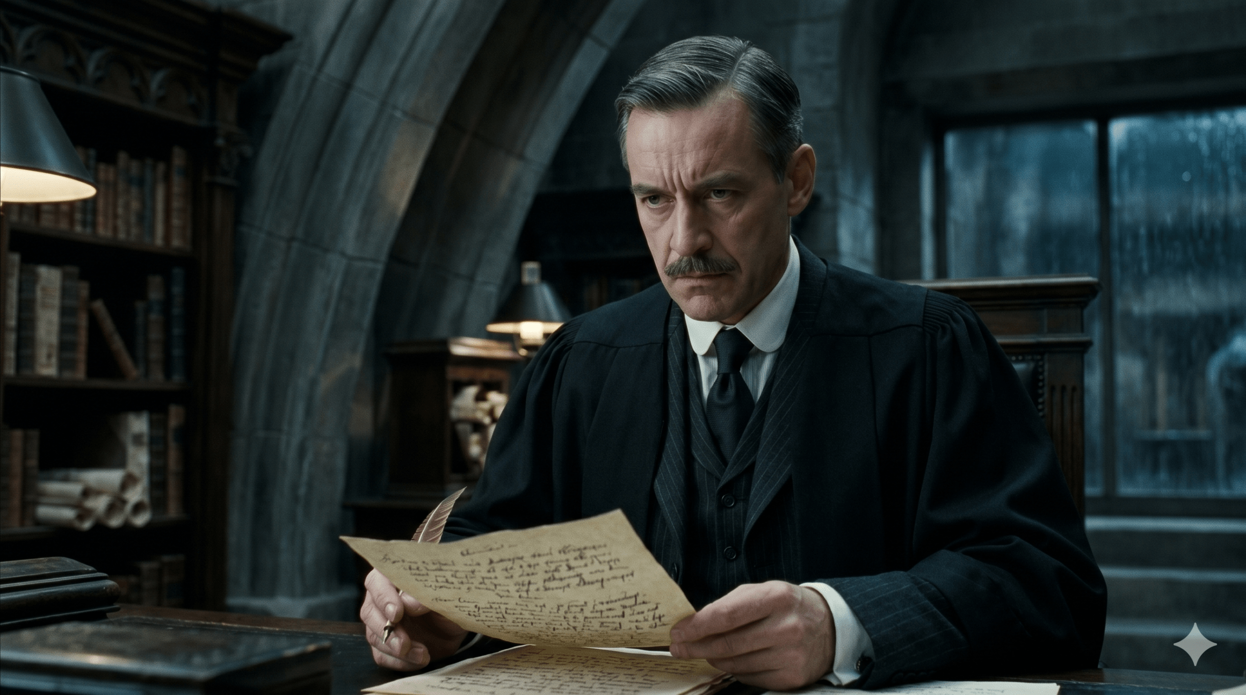Barty Crouch Sr analyzing intricate documents in his severe Ministry of Magic office.