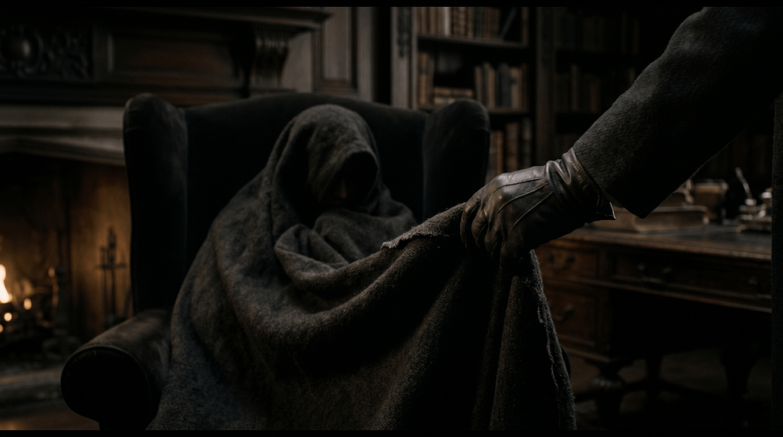 Barty Crouch Sr secretly holding and concealing his imprisoned son, hidden by the Invisibility Cloak at their gloomy family home.