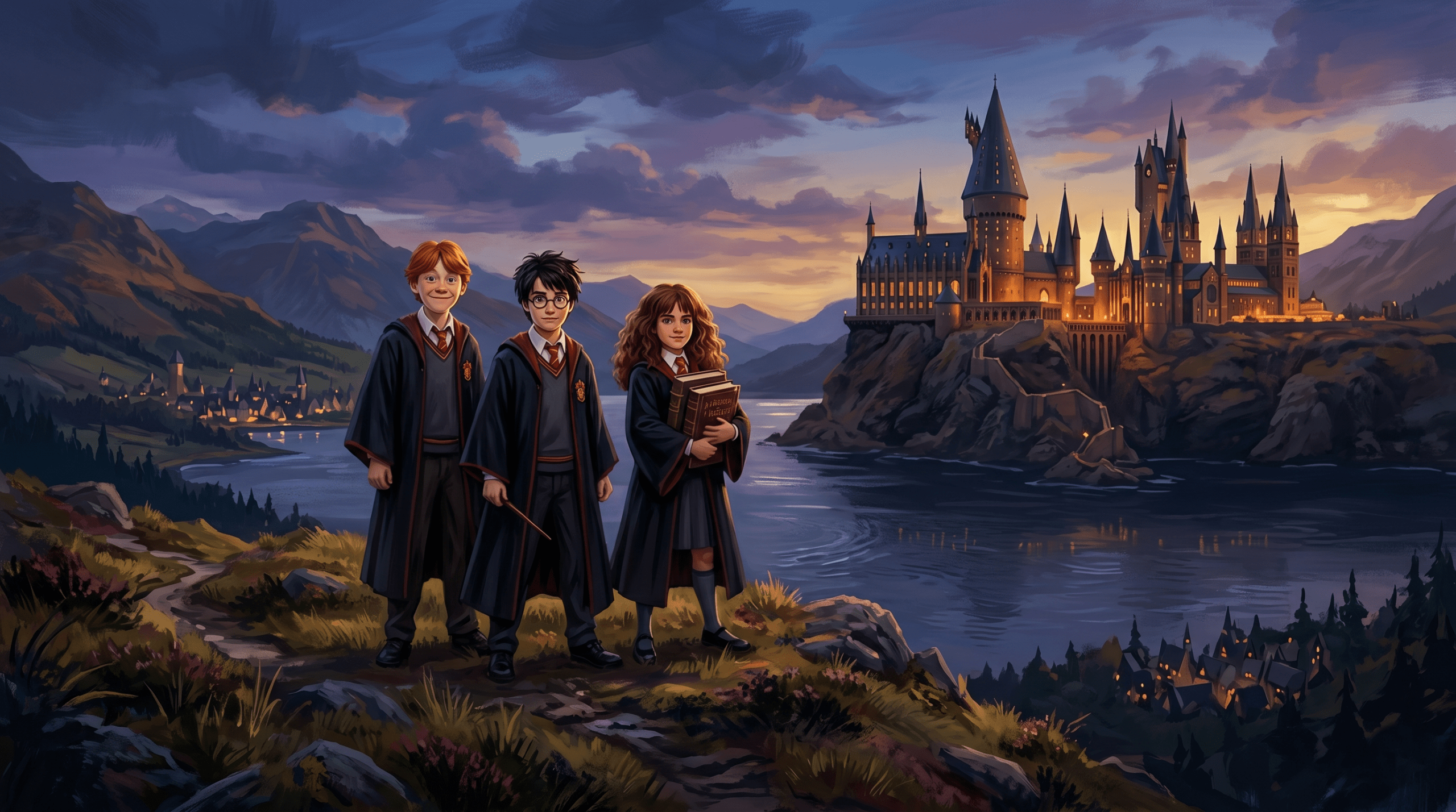 Fantasy illustration of the new Golden Trio standing together looking at the glowing Hogwarts castle at twilight.