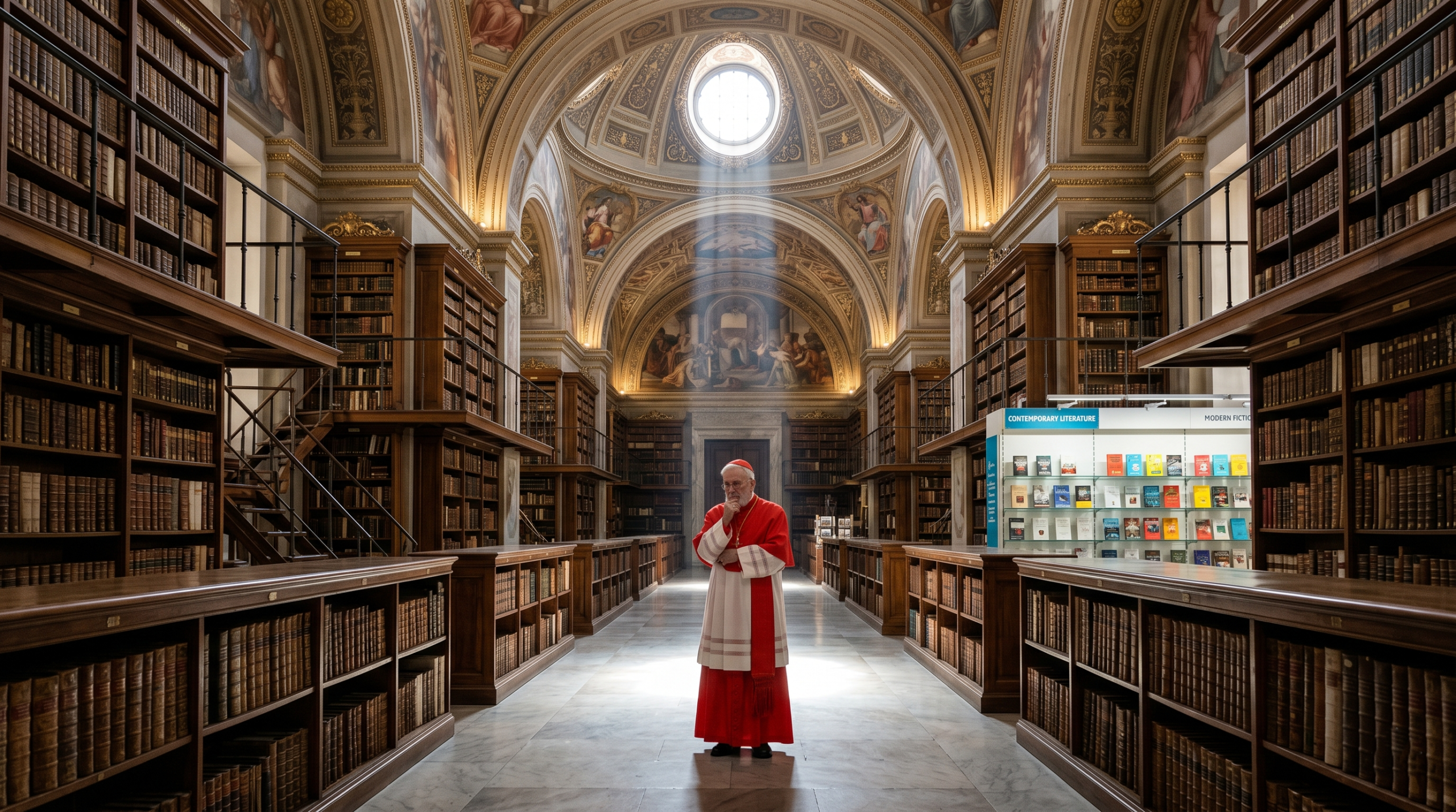 A conceptual photograph symbolizing the theological and high-level critical debate over literature within an ancient, authoritative library setting.