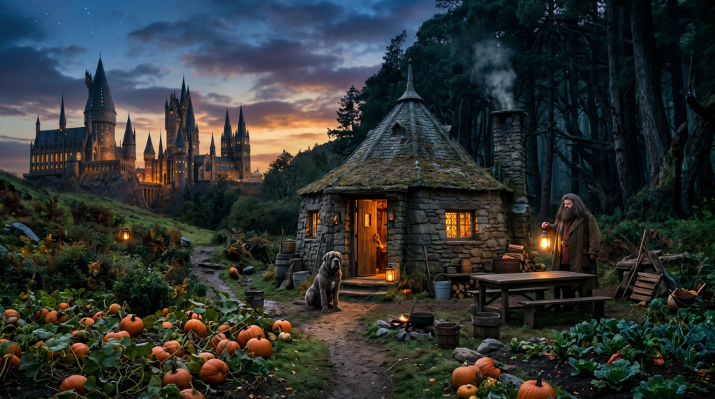 Concept art showing Hagrid's hut split vertically between its wooden book description and its stone movie version.
