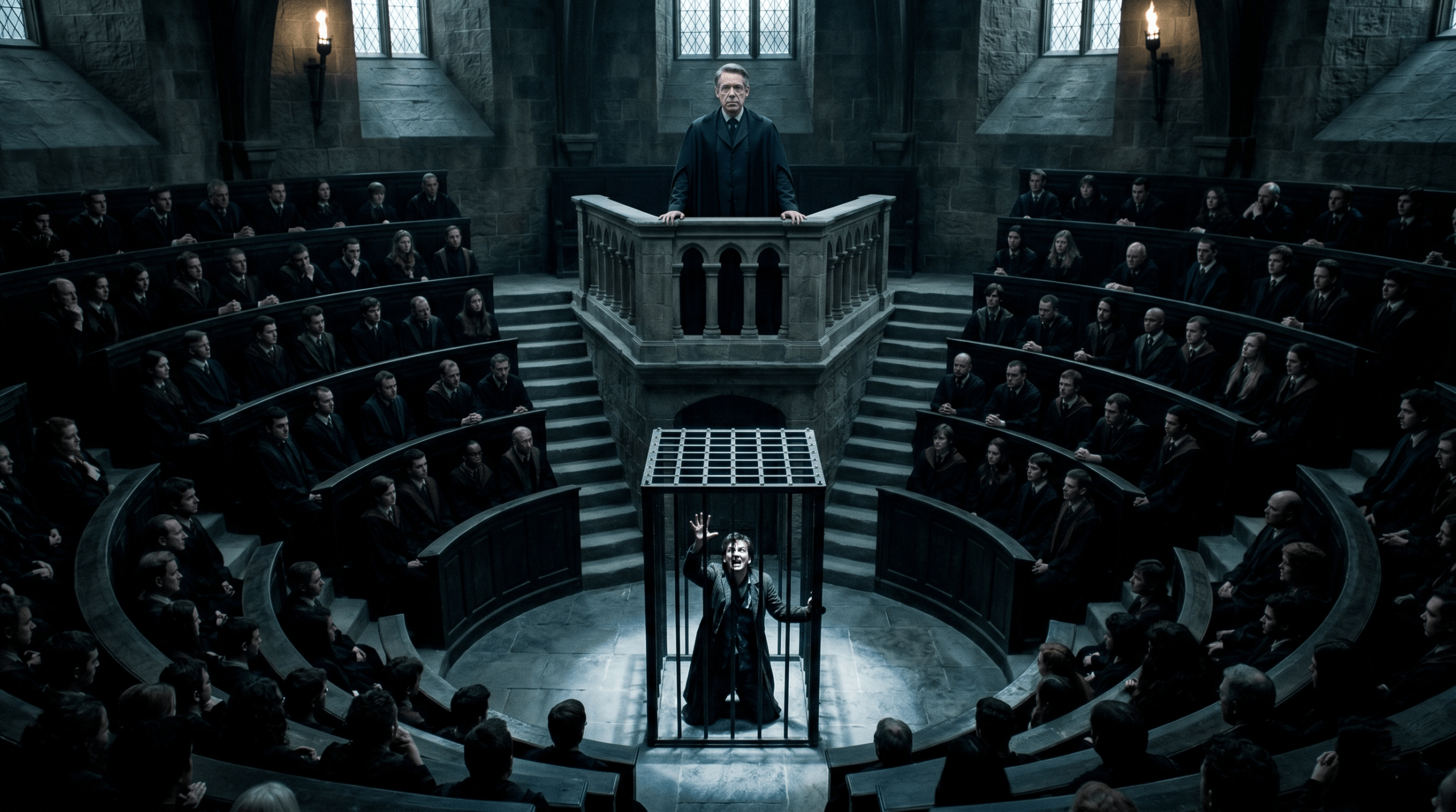 The dramatic Pensieve trial in the Wizengamot where Barty Crouch Sr condemns his screaming son to Azkaban.