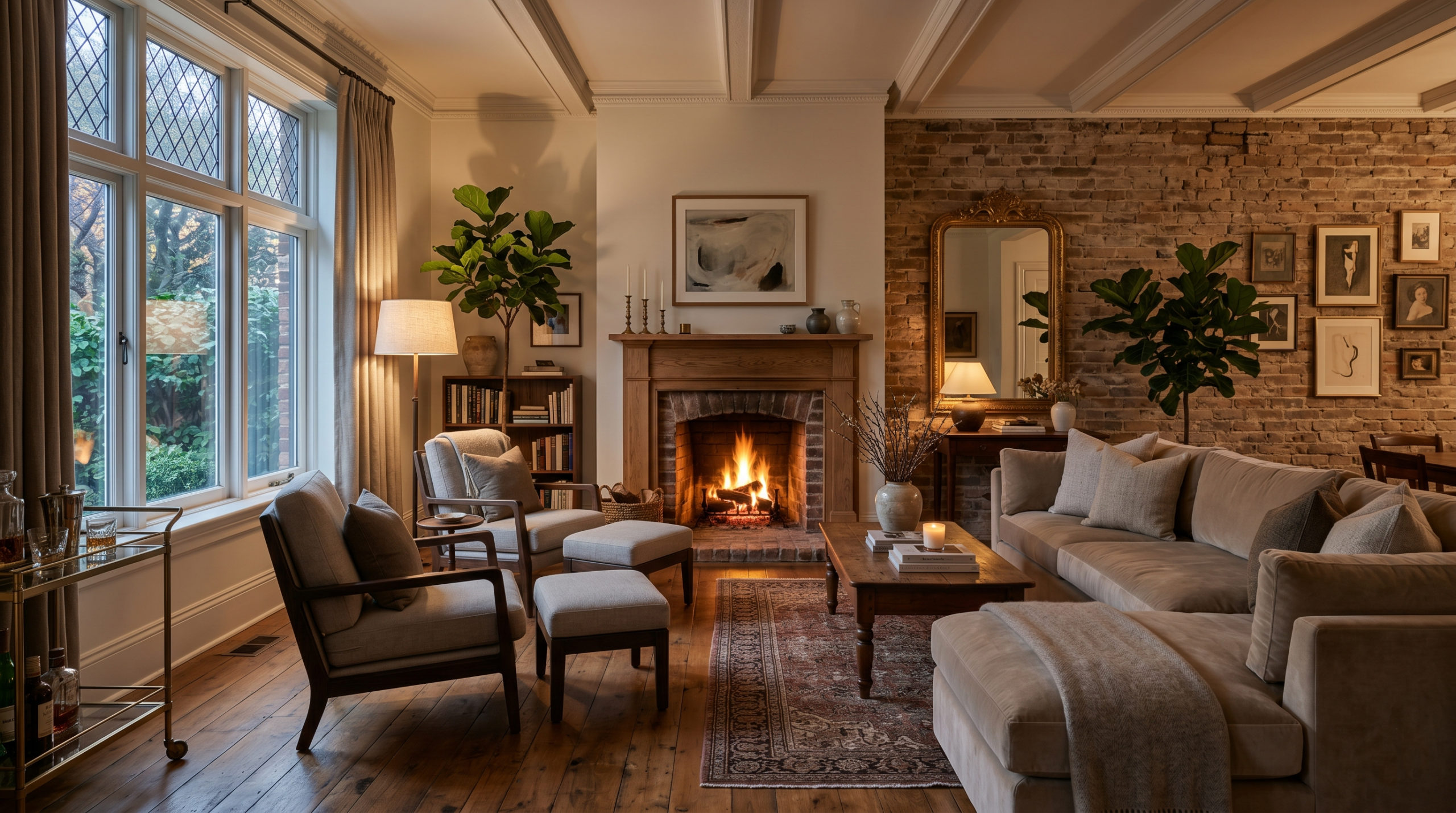 Luxury interior living room with exposed brick walls and a wood-burning fireplace inside Daniel Radcliffe's house in Manhattan.