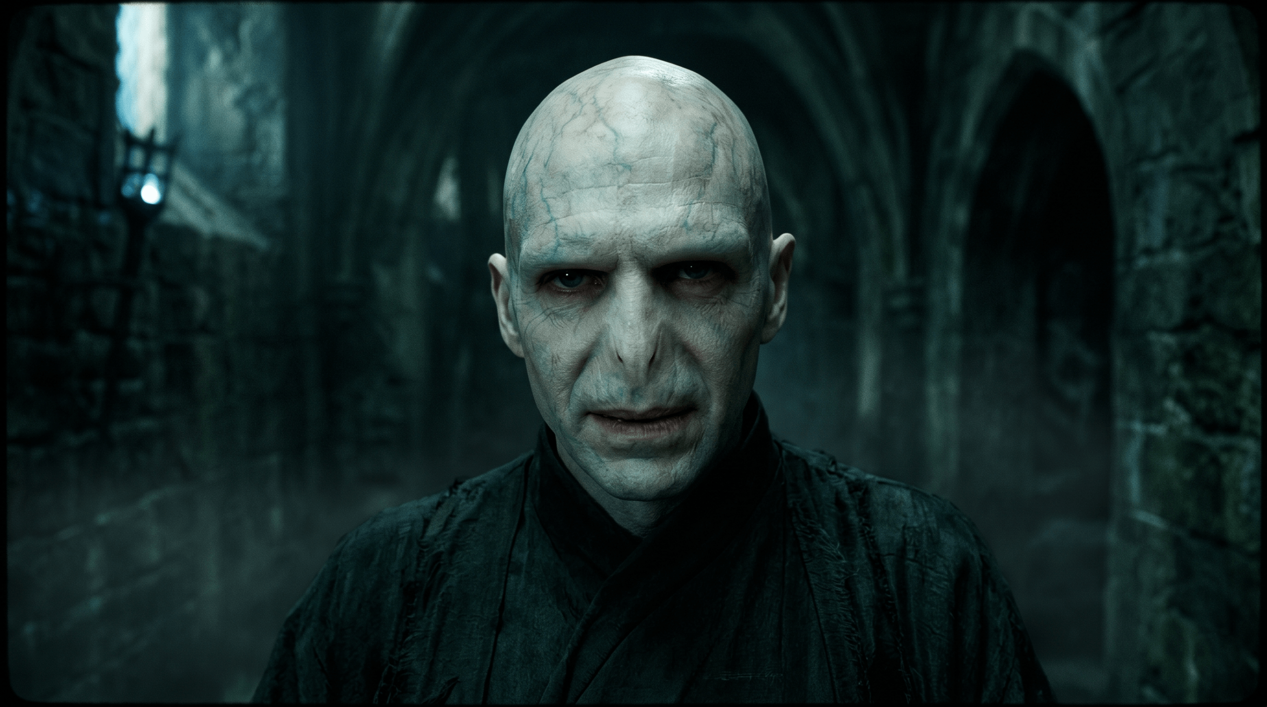 Detailed close-up of Lord Voldemort’s serpentine, pale, vein-mapped face in a dark, menacing setting, illustrating his distinct and terrifying appearance as the central baseline bald wizard in Harry Potter.