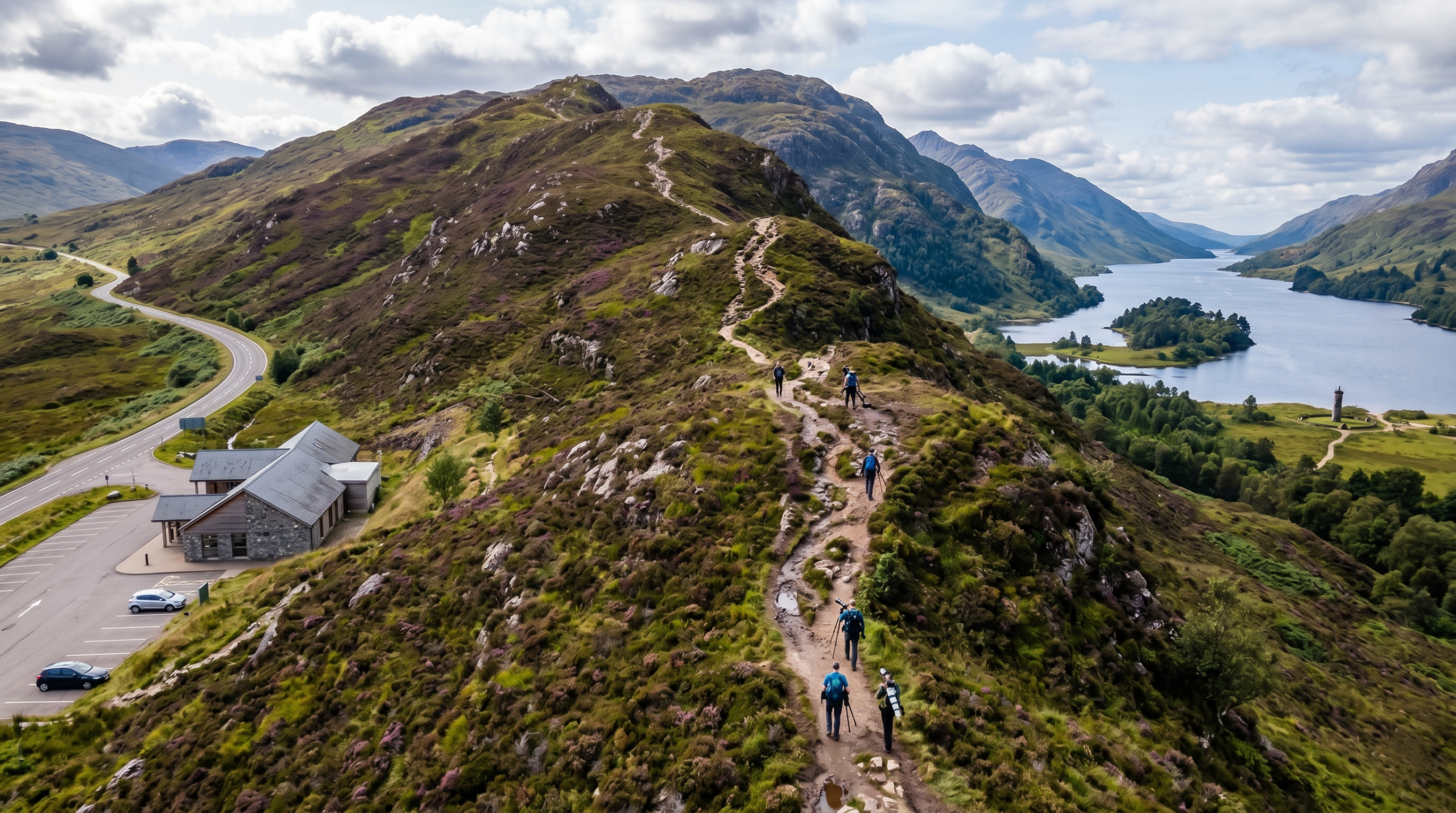 A winding dirt hiking trail ascending the heather-covered hillside at Glenfinnan toward viaduct viewpoints.