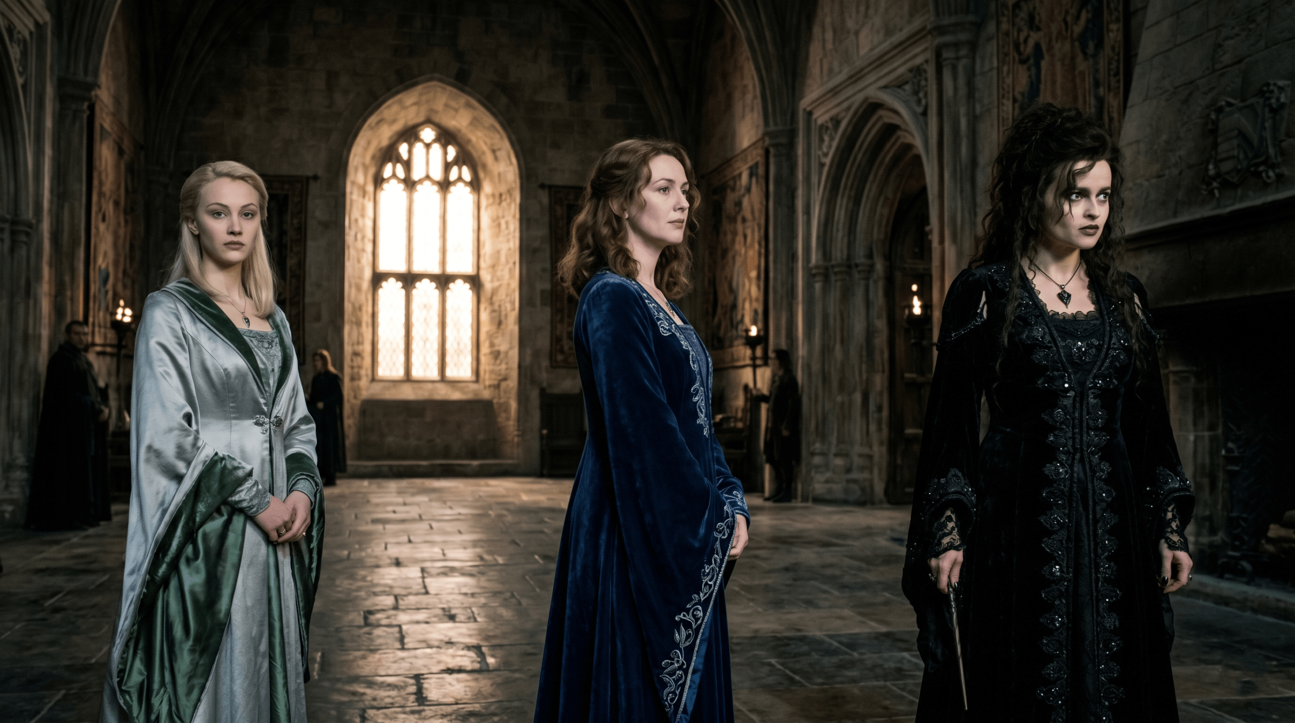Cinematic photo of the young Black sisters, Bellatrix, Andromeda, and Narcissa, illustrating their differing paths in the Harry Potter universe.