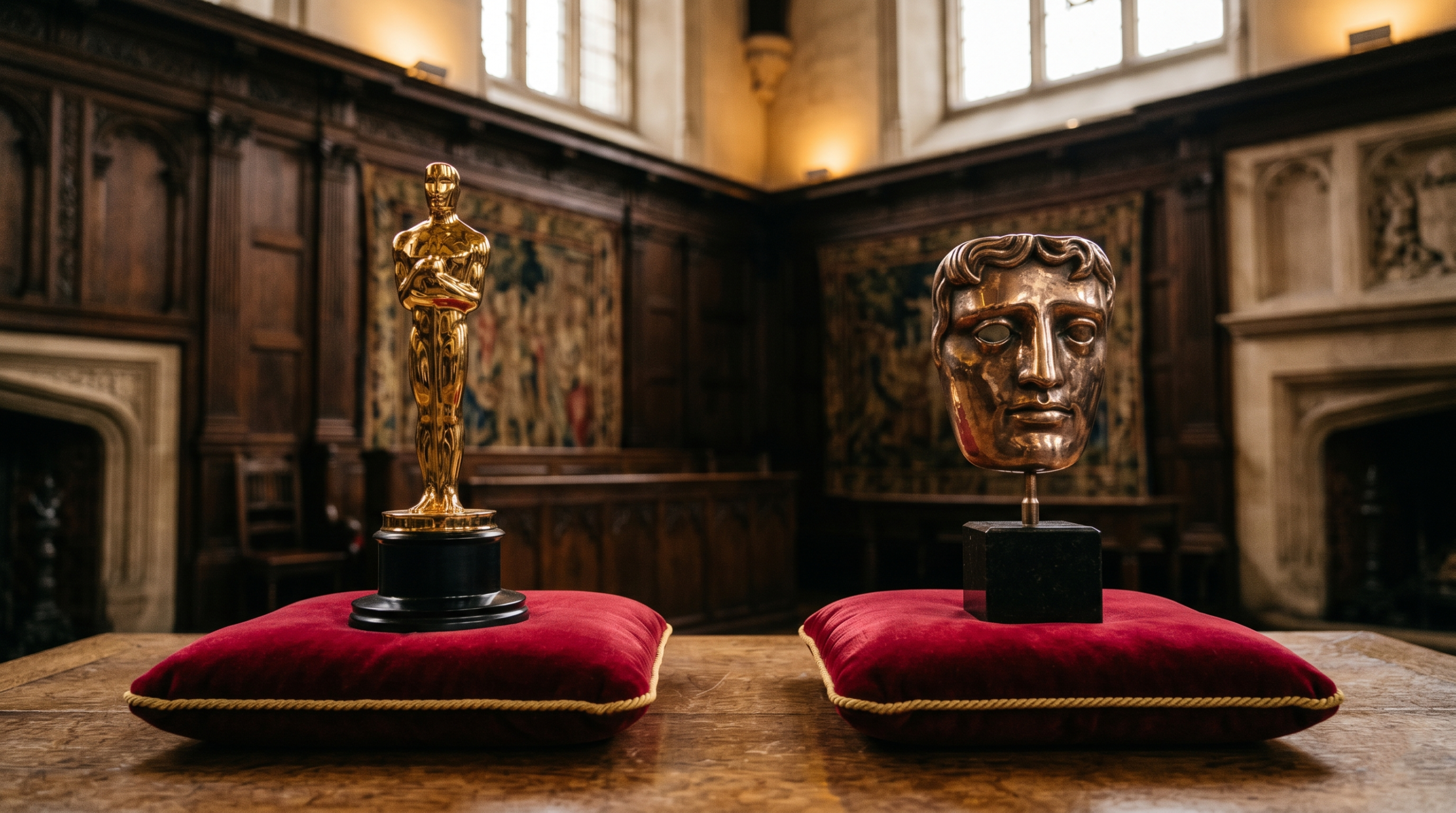 A side-by-side comparison shot of a golden Oscar statue and a bronze BAFTA award mask on display.