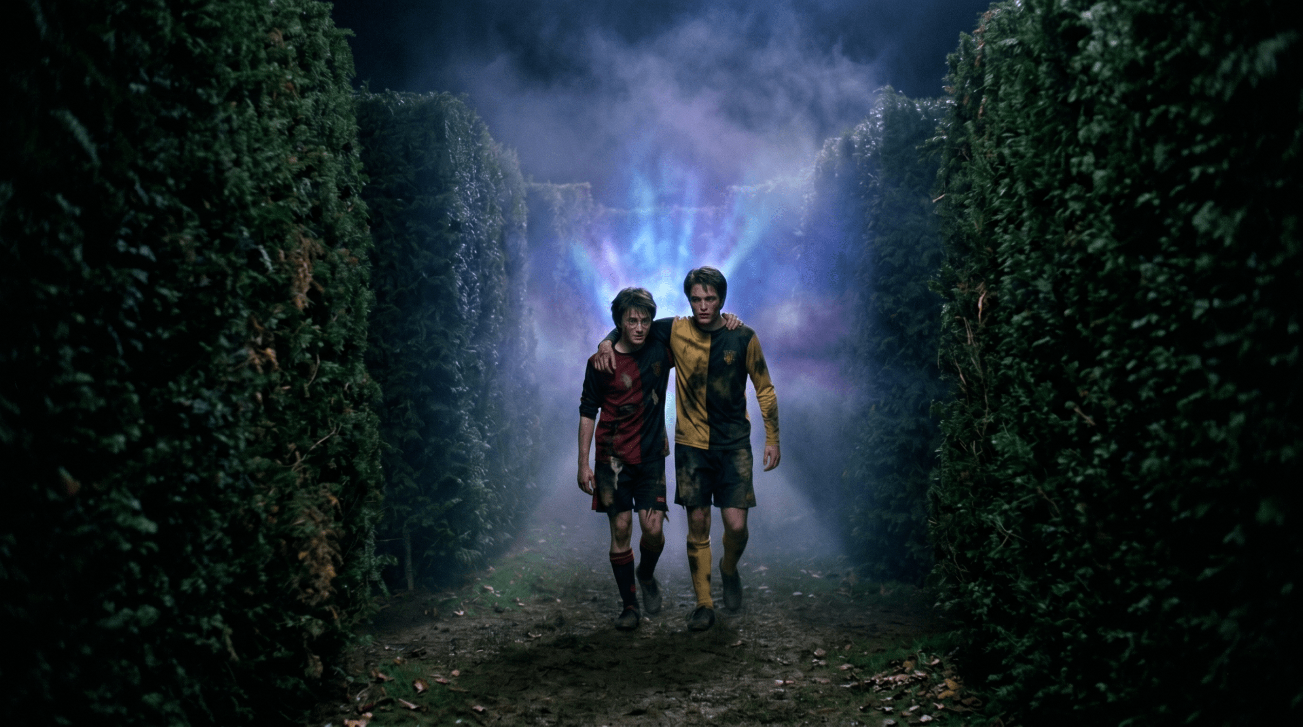 Harry Potter and an injured Cedric Diggory helping each other in the dark Triwizard hedge maze.