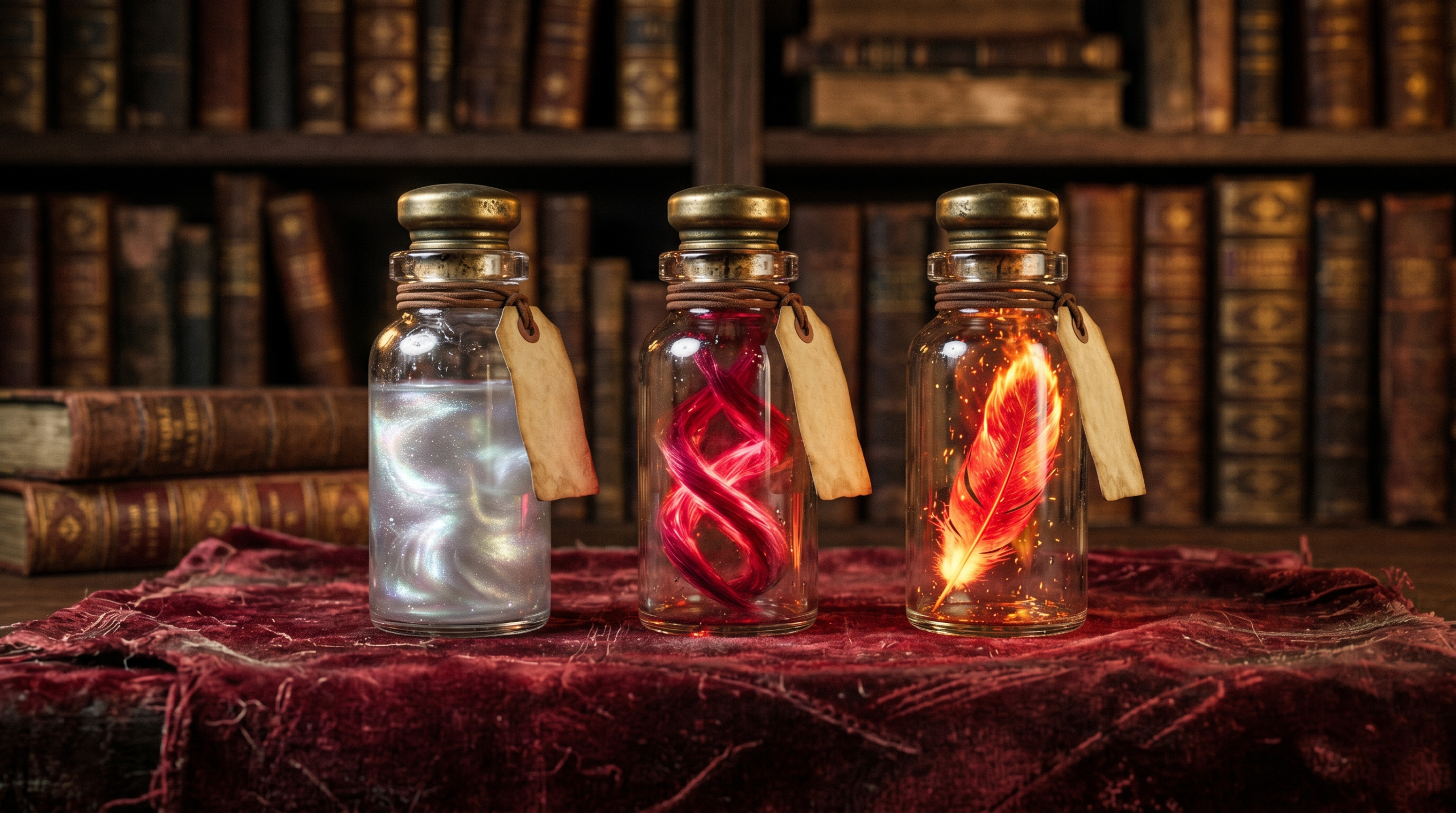 A detailed visualization of the three core materials used by Ollivander: Dragon Heartstring, Unicorn Hair, and Phoenix Feather.