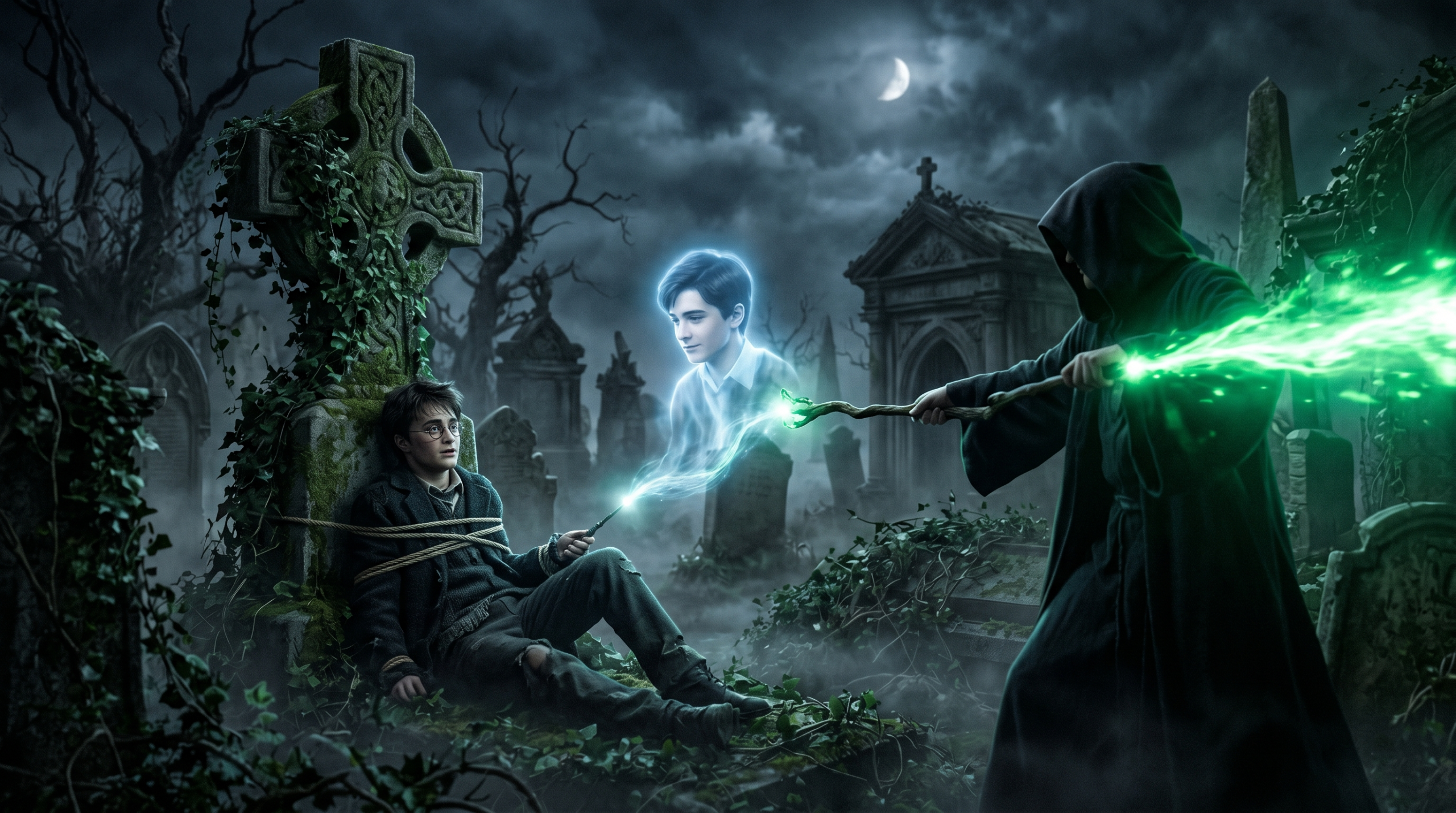A ghostly apparition of Cedric Diggory emerging from the Priori Incantatem connection in the graveyard scene.