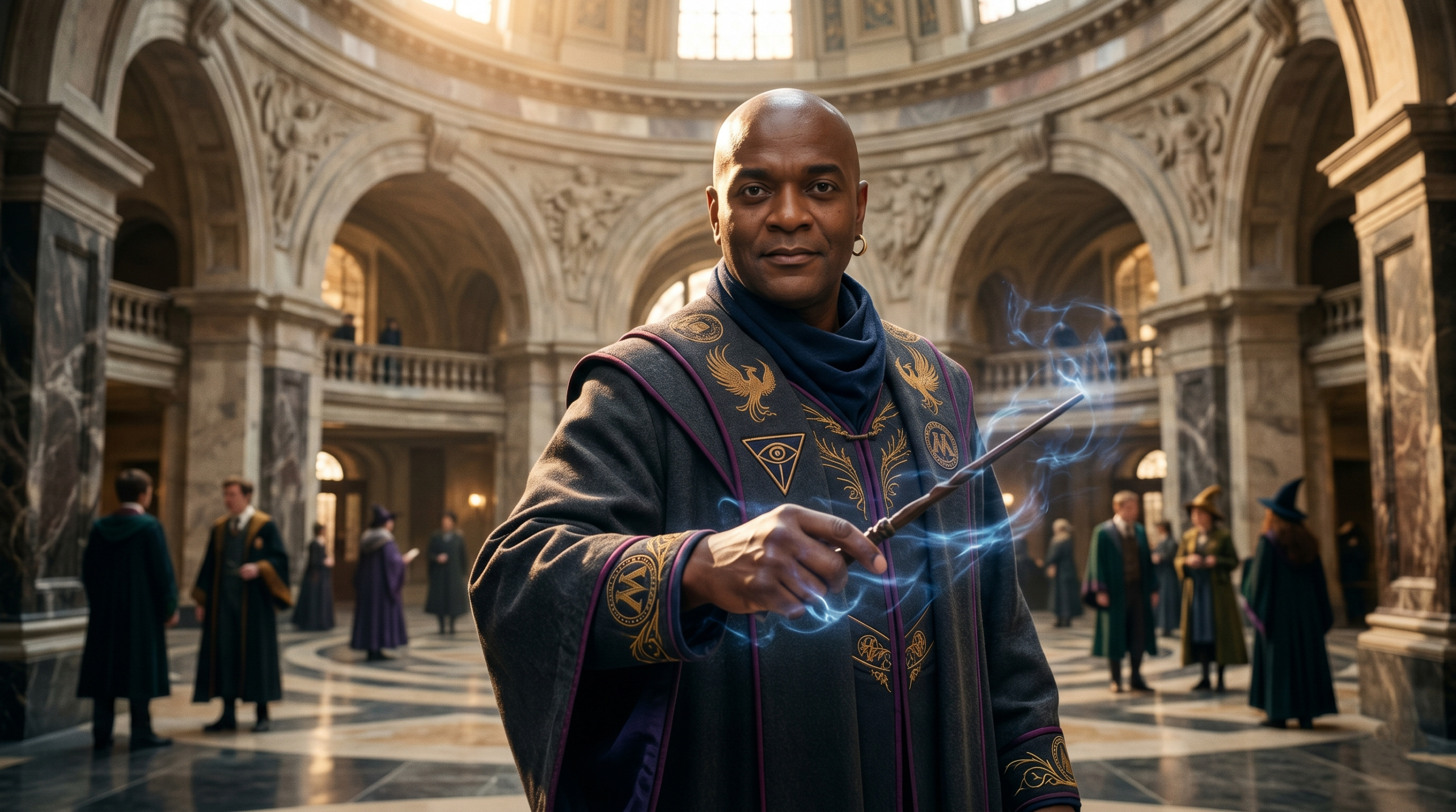 Kingsley Shacklebolt, a powerful bald wizard in Harry Potter, in dynamic Auror robes holding a wand and standing confidently within the grand central atrium of the Ministry of Magic, ready for action, a powerful heroic presence.