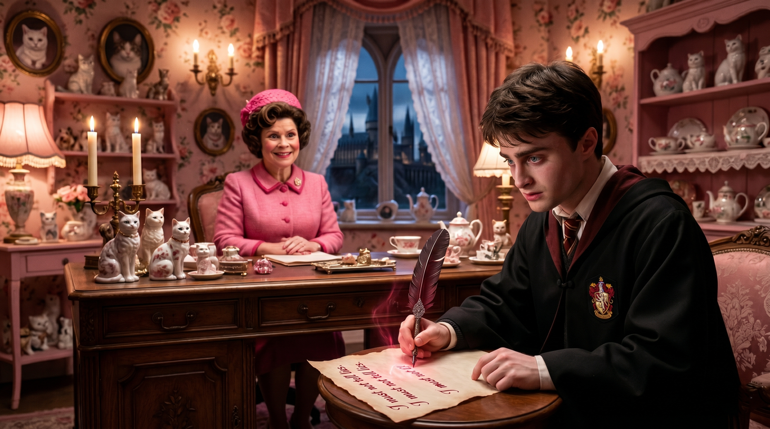Dolores Umbridge in her pink office forcing a student to write with a Blood Quill.