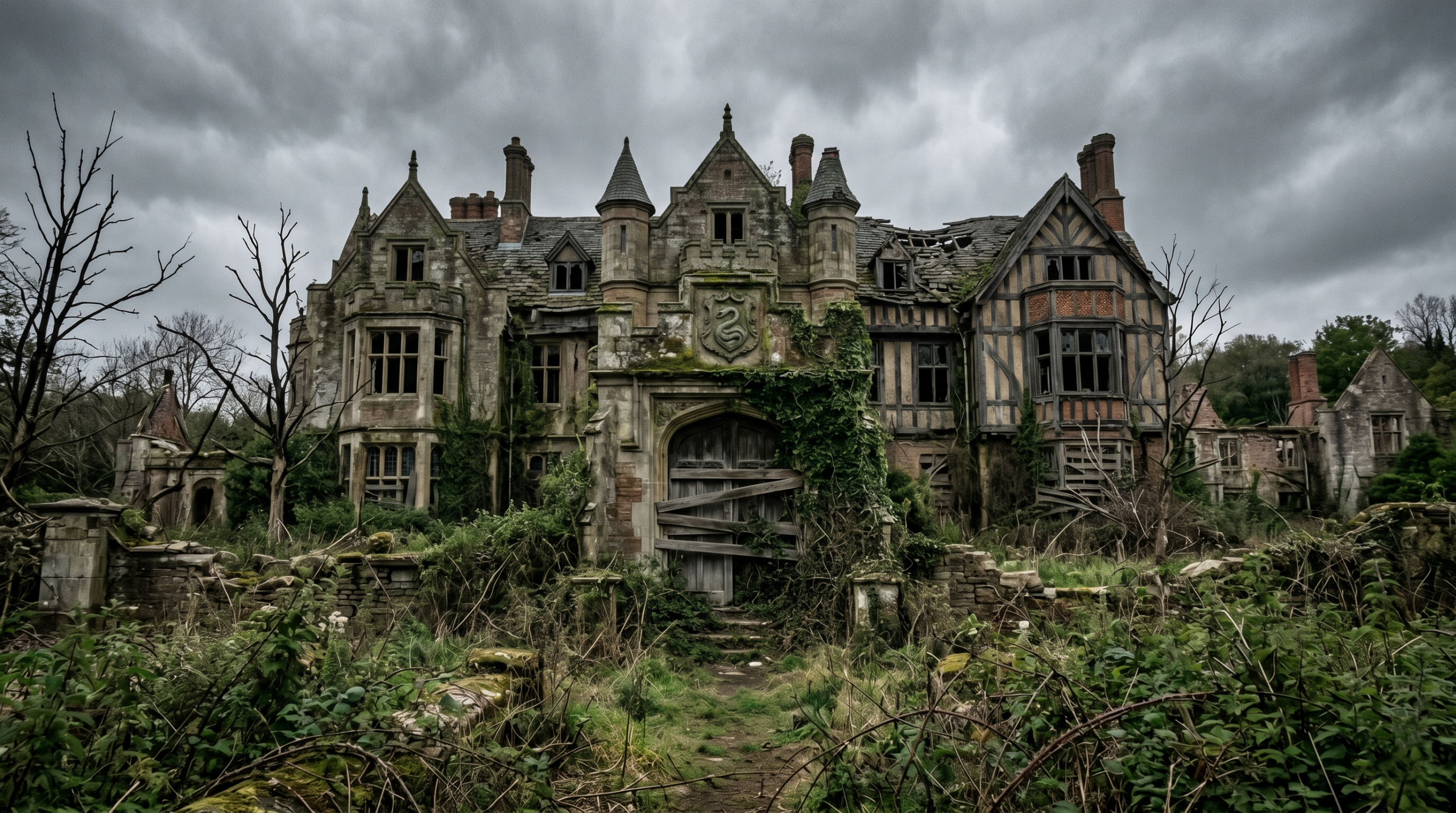 A derelict, crumbling pure-blood manor symbolizing the fall of the extinct Avery family line.