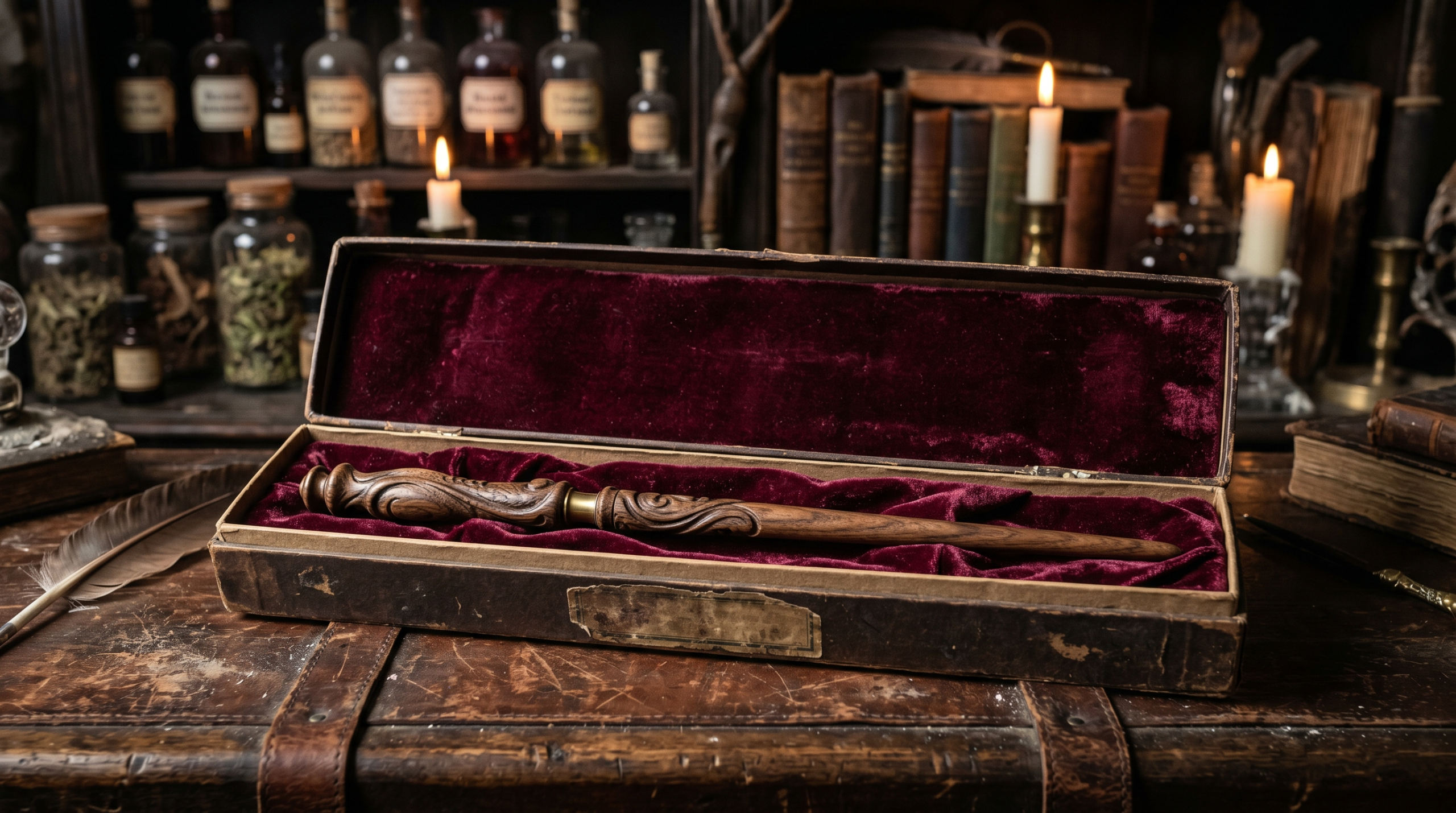 A completed DIY movie-quality replica wand displayed beautifully in a velvet-lined vintage wand box.