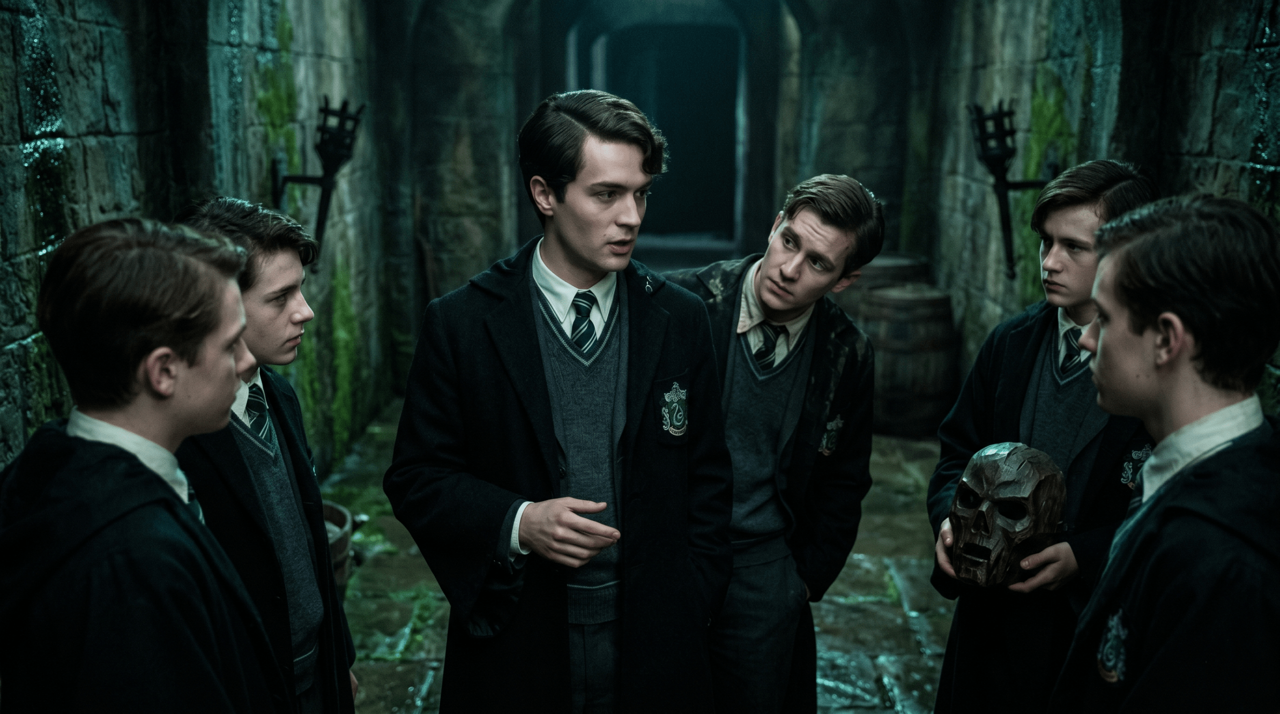 Tom Riddle and his early group of Slytherin followers, including Avery Senior, in a Hogwarts dungeon alcove.