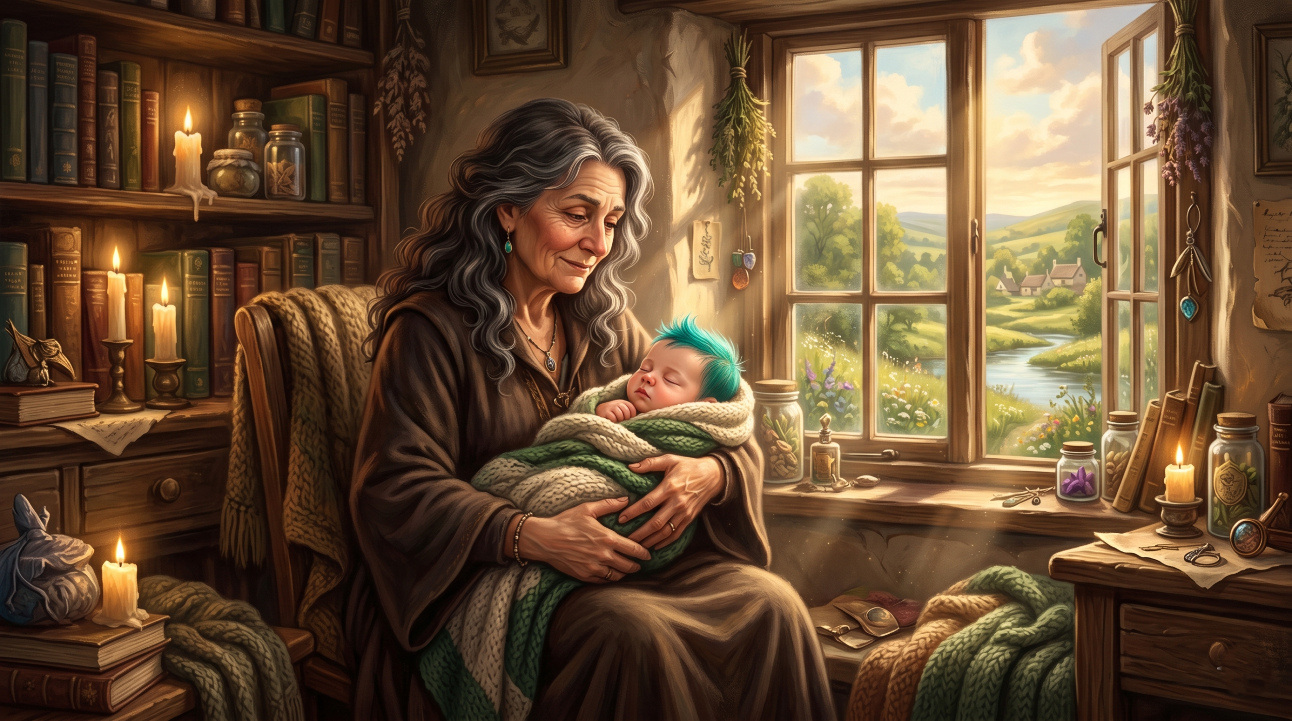 Andromeda Tonks raising her orphaned grandson Teddy Lupin, representing her legacy of light in Harry Potter.
