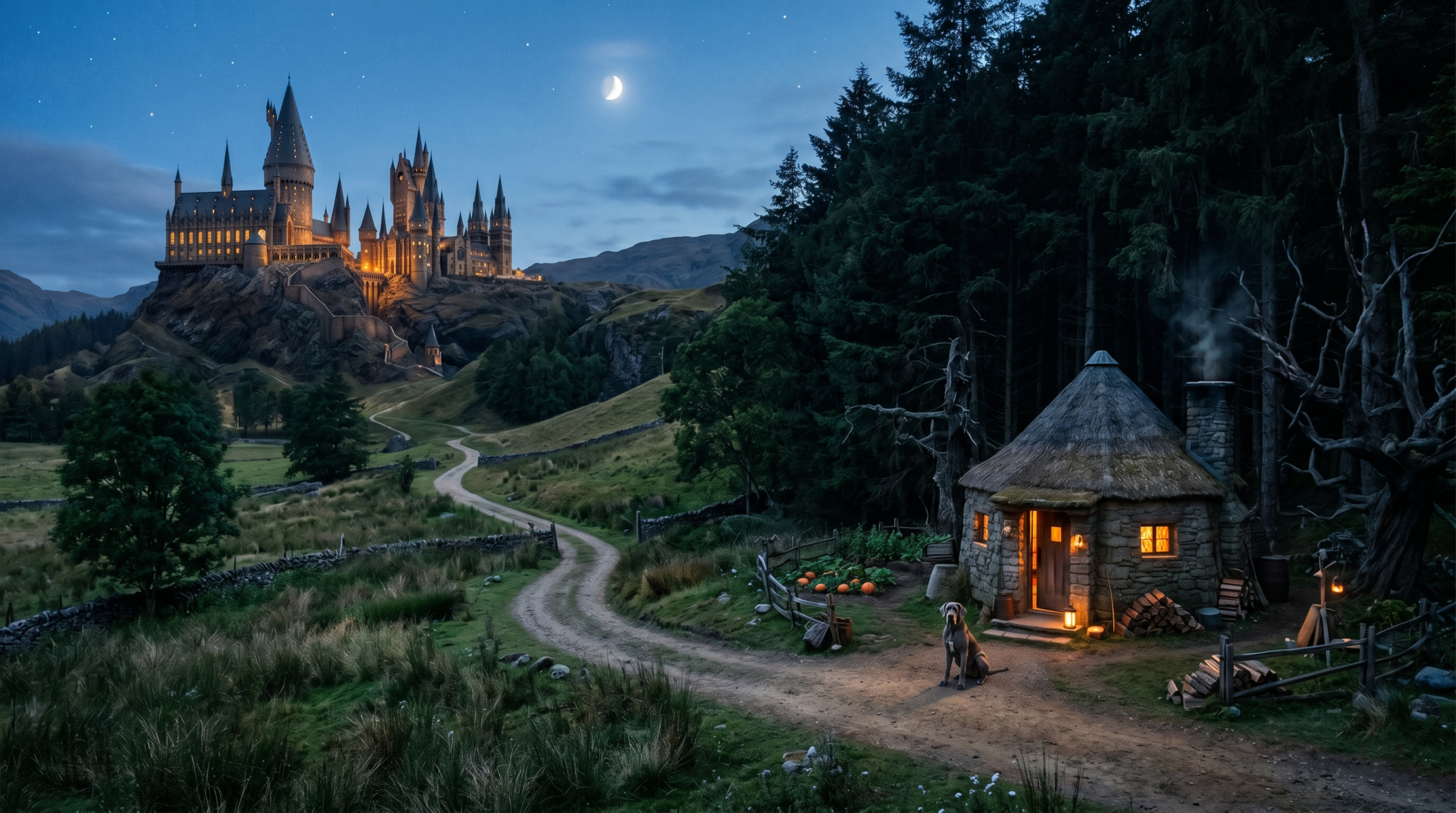 Panoramic view of Hagrid's hut situated exactly between the glowing Hogwarts Castle and the dark Forbidden Forest.