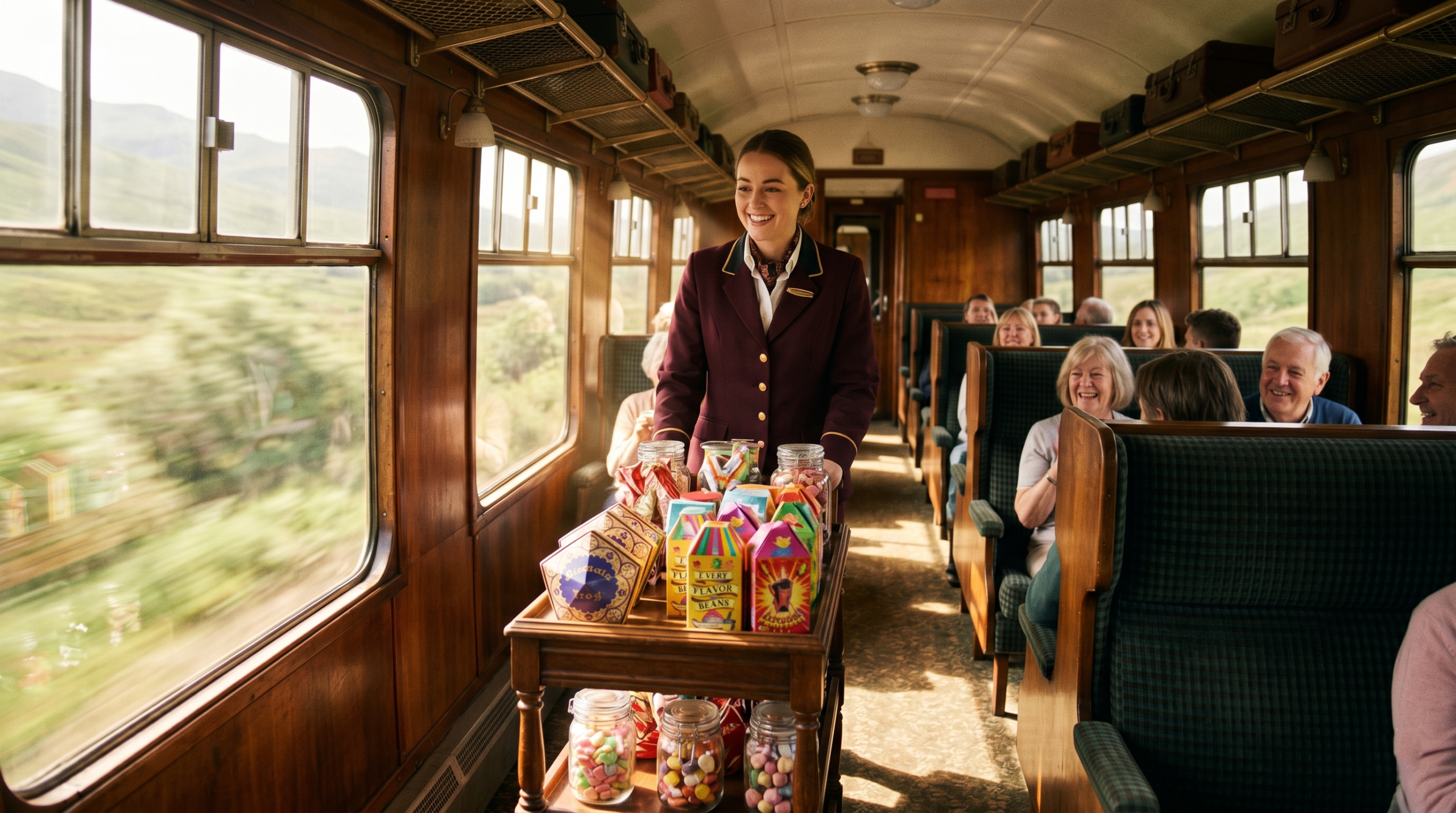 A vintage train carriage attendant pushing a trolley cart loaded with colorful Harry Potter themed sweets.