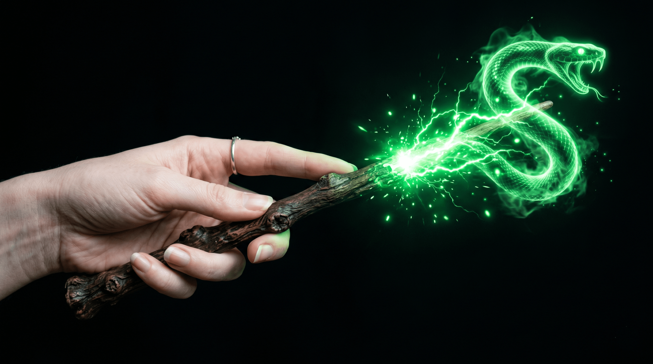 Parseltongue magic green snake energy emanating from wand tip held by a witch