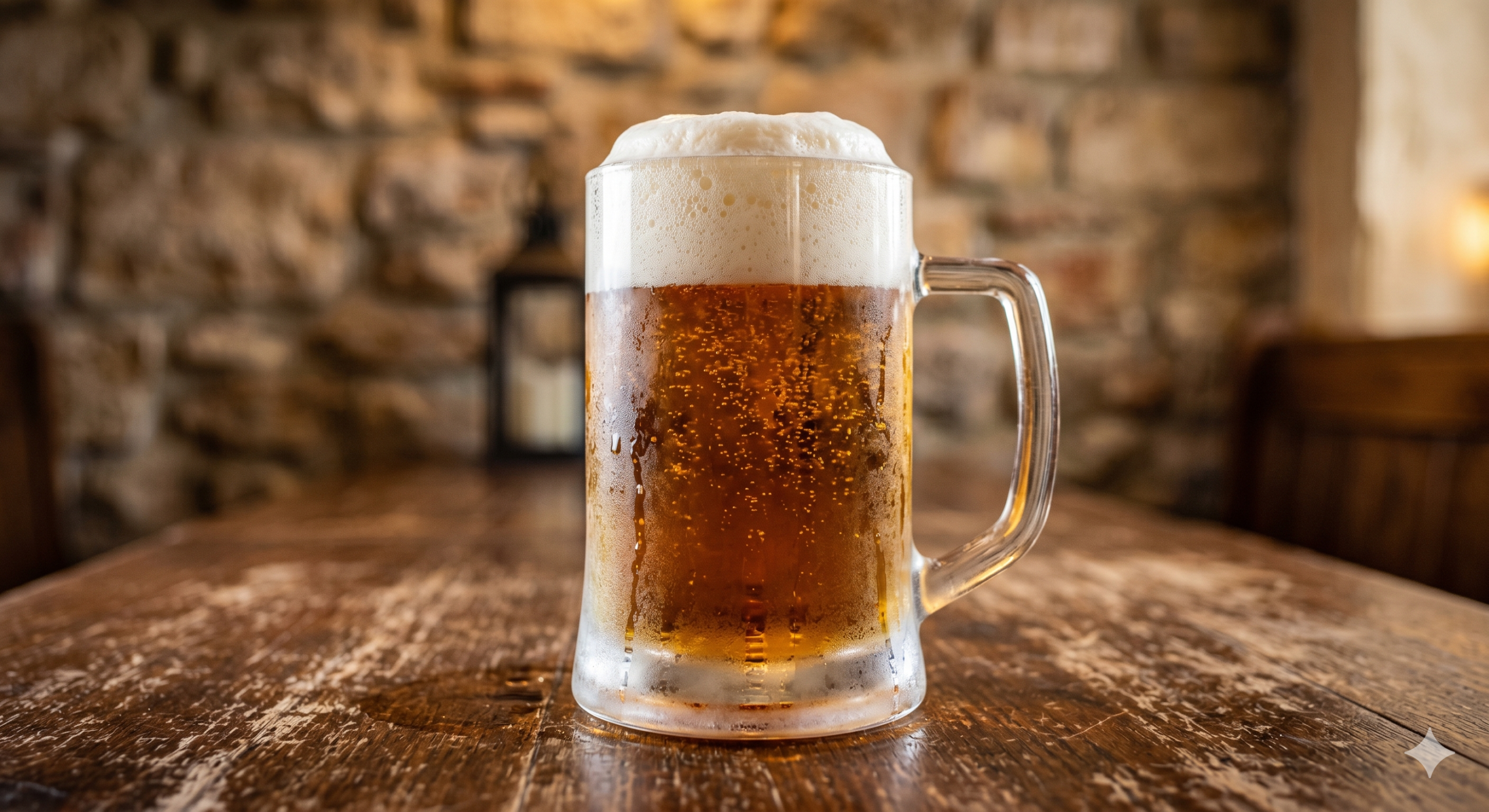 Close-up of a frosty glass stein filled with golden butterscotch-colored soda and thick, white 