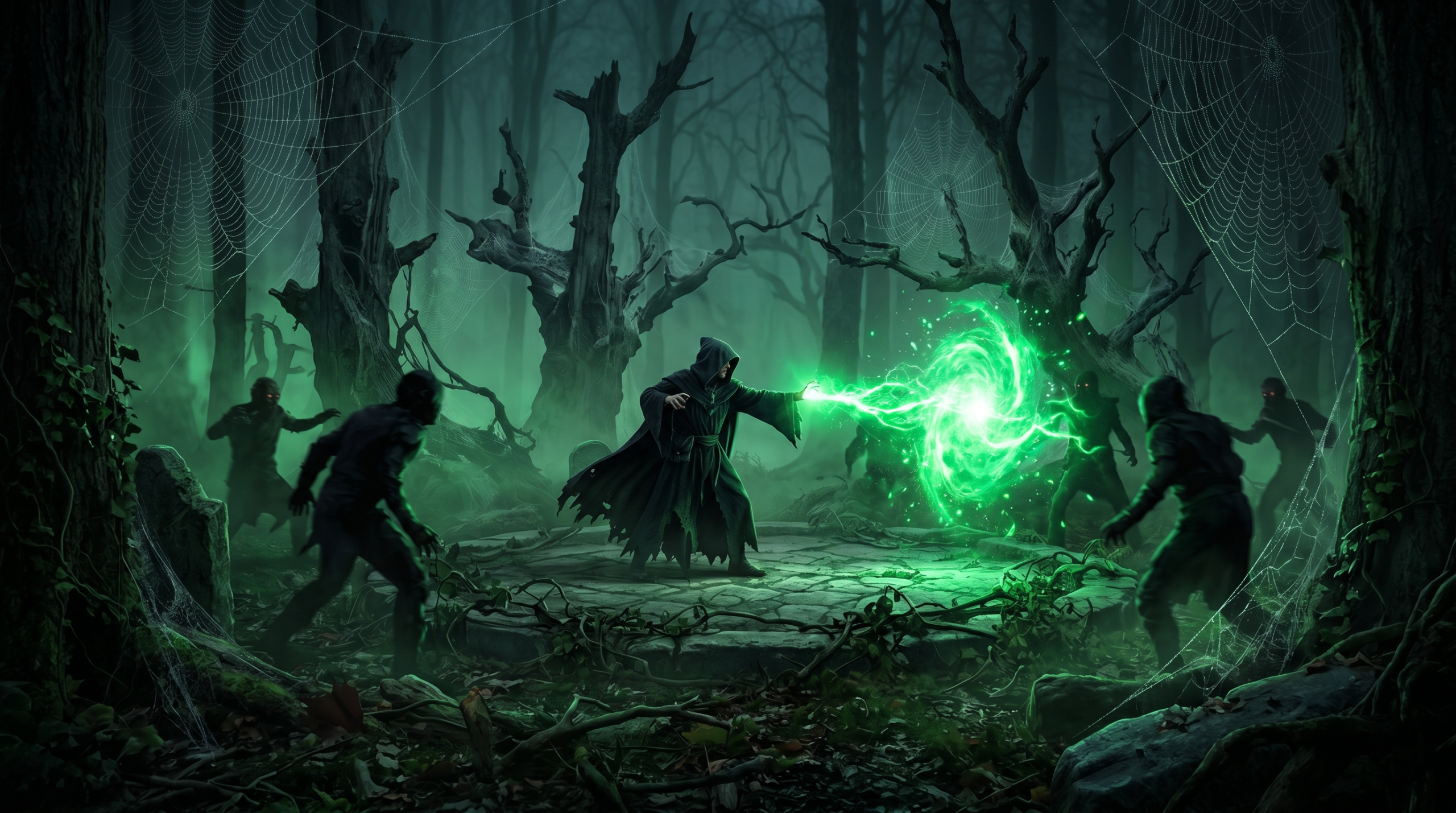 A wizard casting green Unforgivable Curses inside the Dark Arts Battle Arena in the Forbidden Forest.
