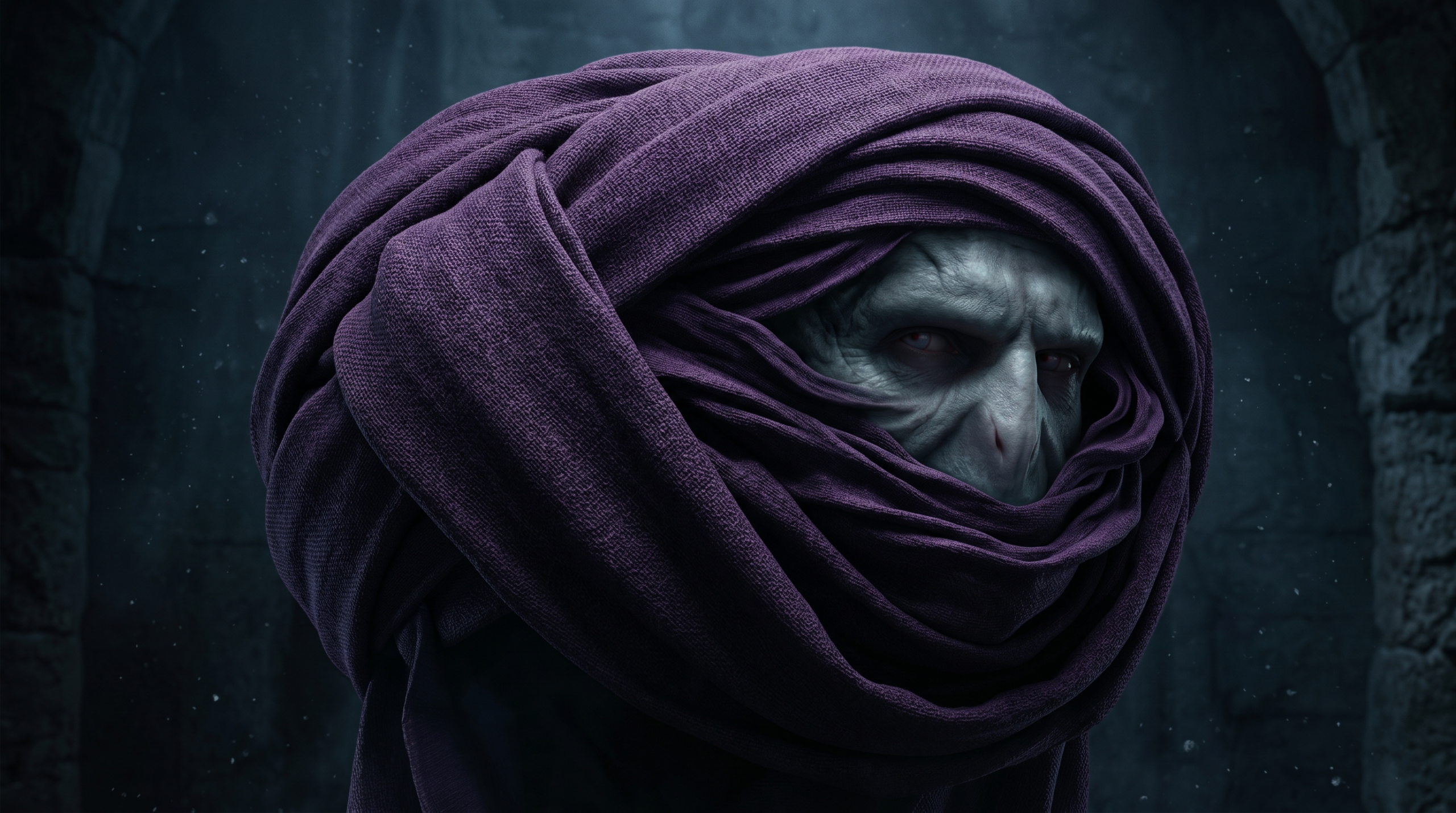 Conceptual detailed illustration of a partially unwound purple turban revealing the menacing, pale snake-like face of Lord Voldemort subtly integrated with the shadows, illustrating the shared body of Quirrell and the secret bald wizard in Harry Potter connection.