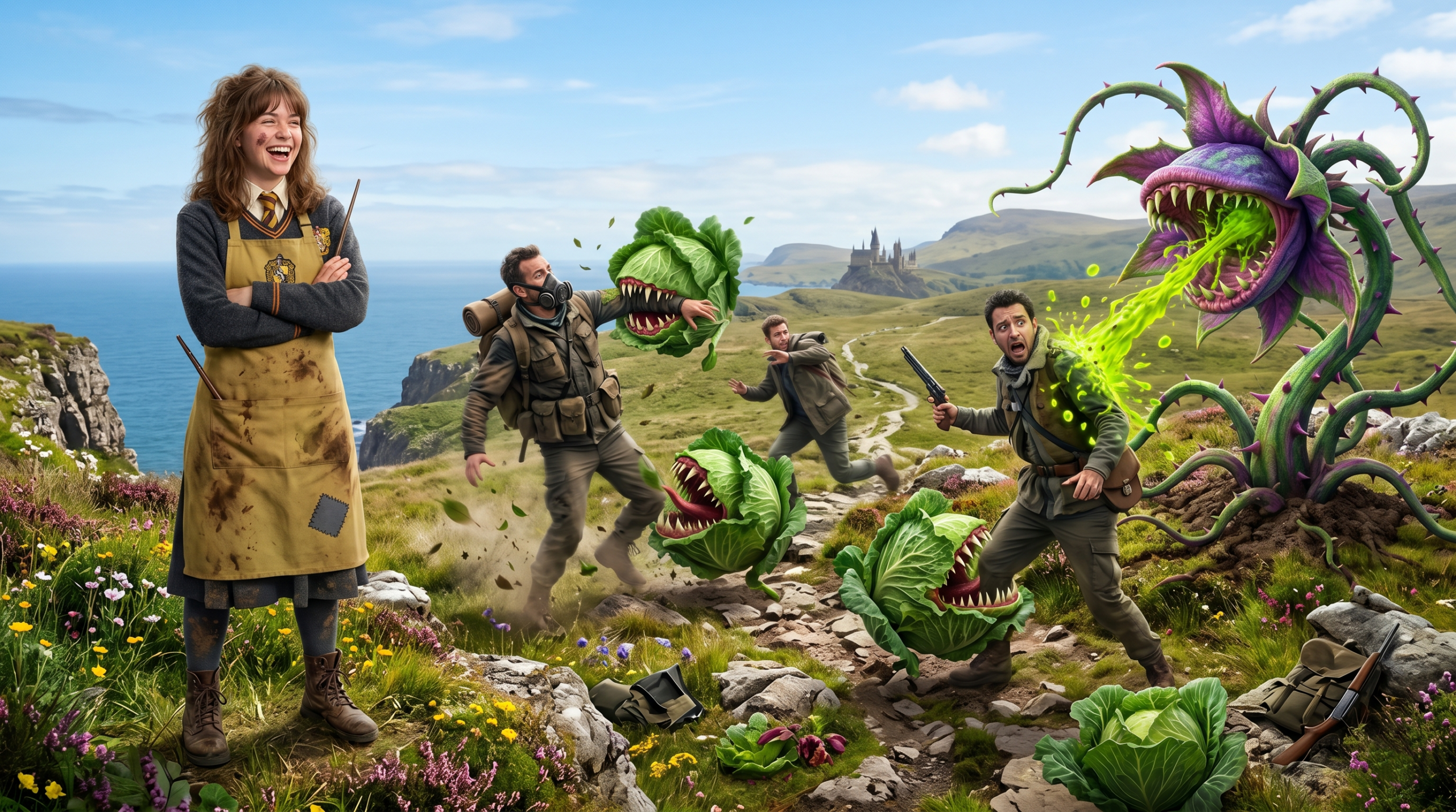 Ferocious Chinese Chomping Cabbages and Venomous Tentacula attacking poachers in Hogwarts Legacy while a student watches.