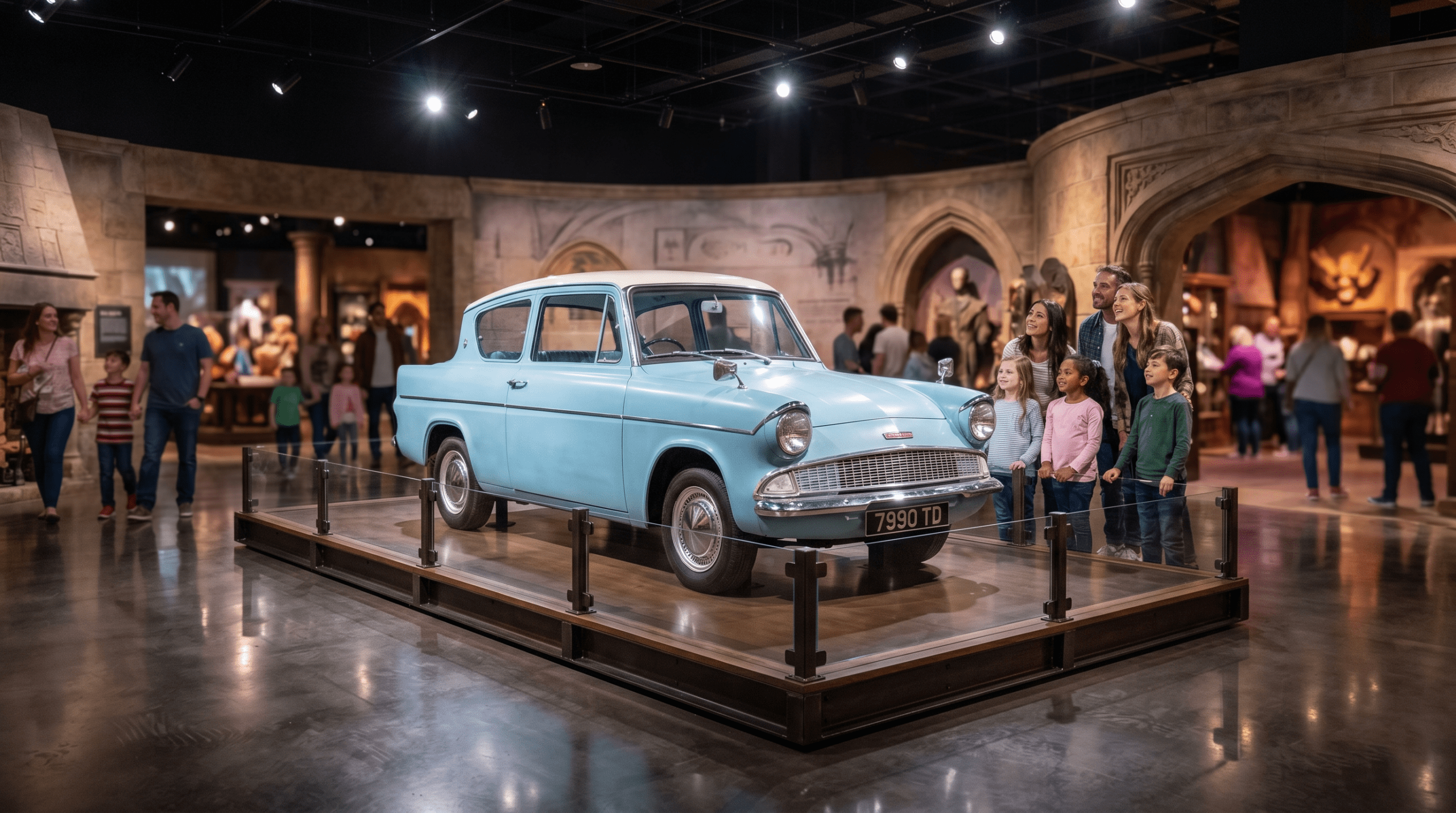 The pristine screen-used flying Ford Anglia on display for fans at the Warner Bros. Studio Tour in London.