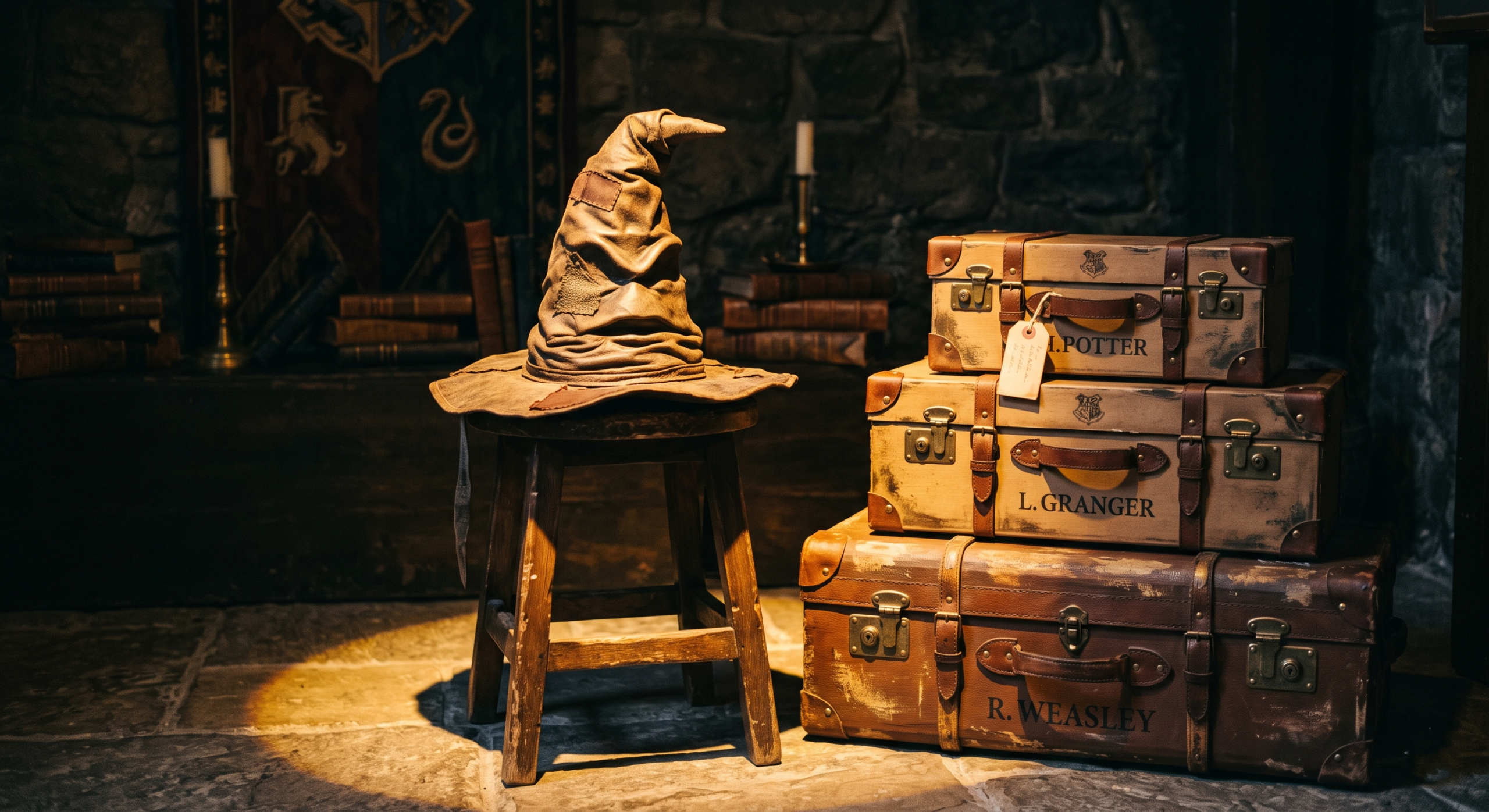 Hogwarts Sorting Hat and DIY cardboard trunk decorations for party immersion.