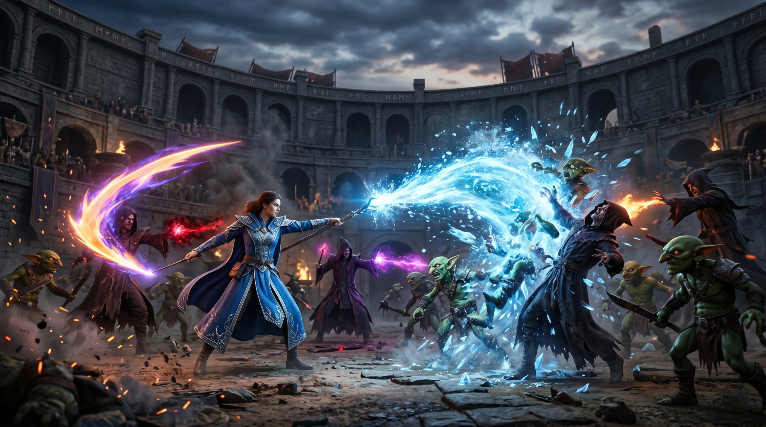 Executing powerful Glacius and Diffindo spell combos during a Battle Arena combat wave.