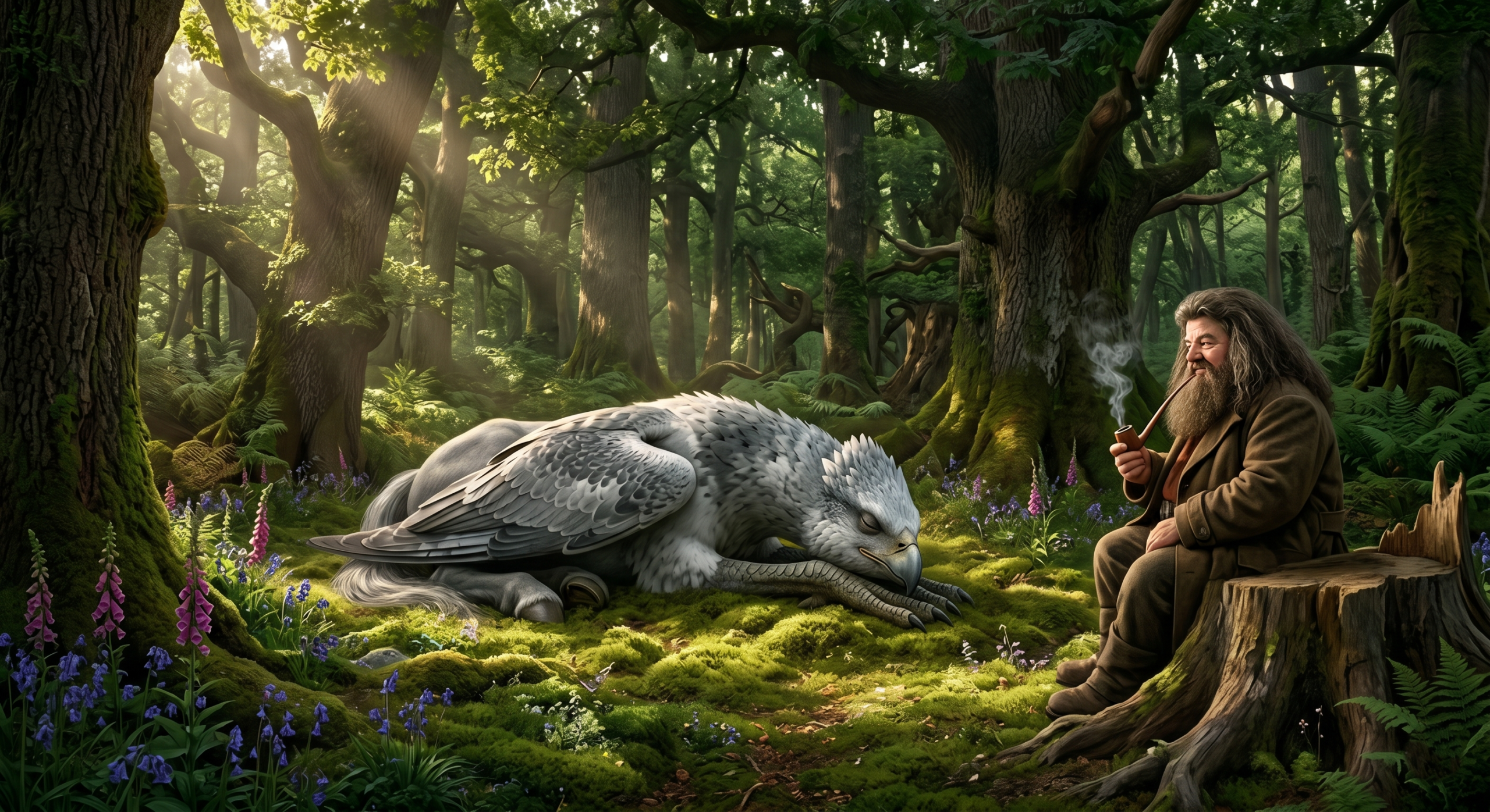A peaceful landscape image of Buckbeak relaxing in a sunlit glade within the Forbidden Forest after the Battle of Hogwarts.