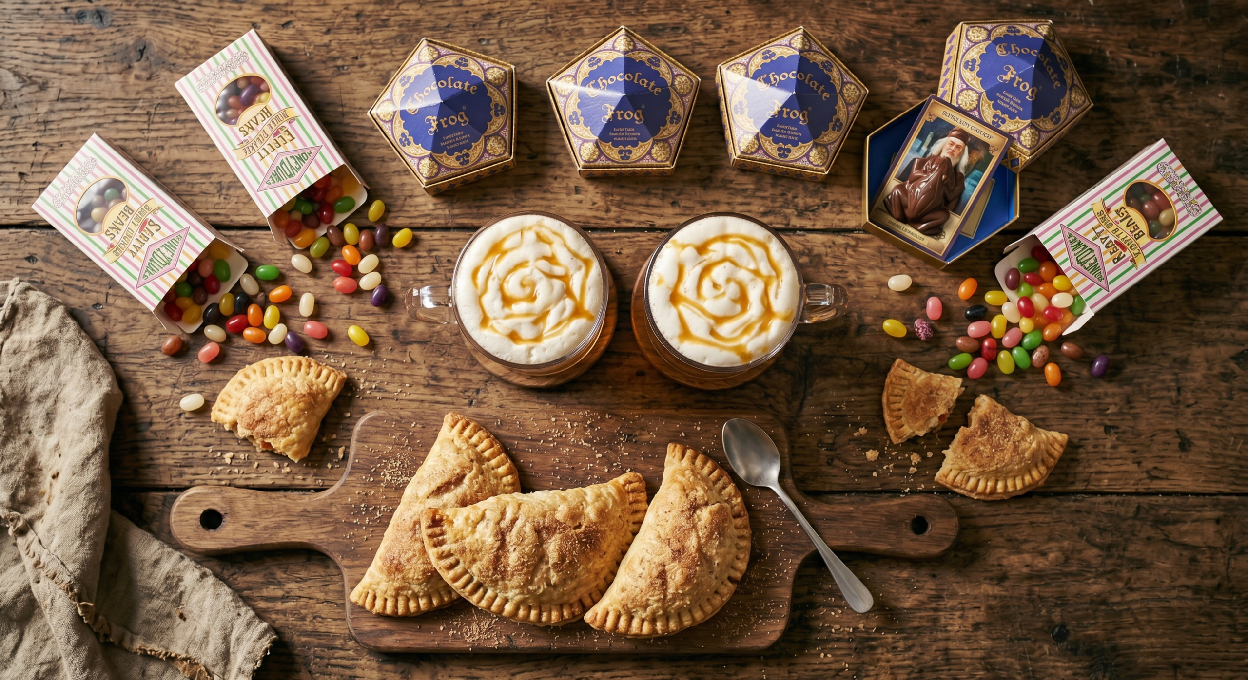 A top-down photo of homemade frothy Butterbeer in a mug next to a board of baked Pumpkin Pasties and Wizarding World sweets.